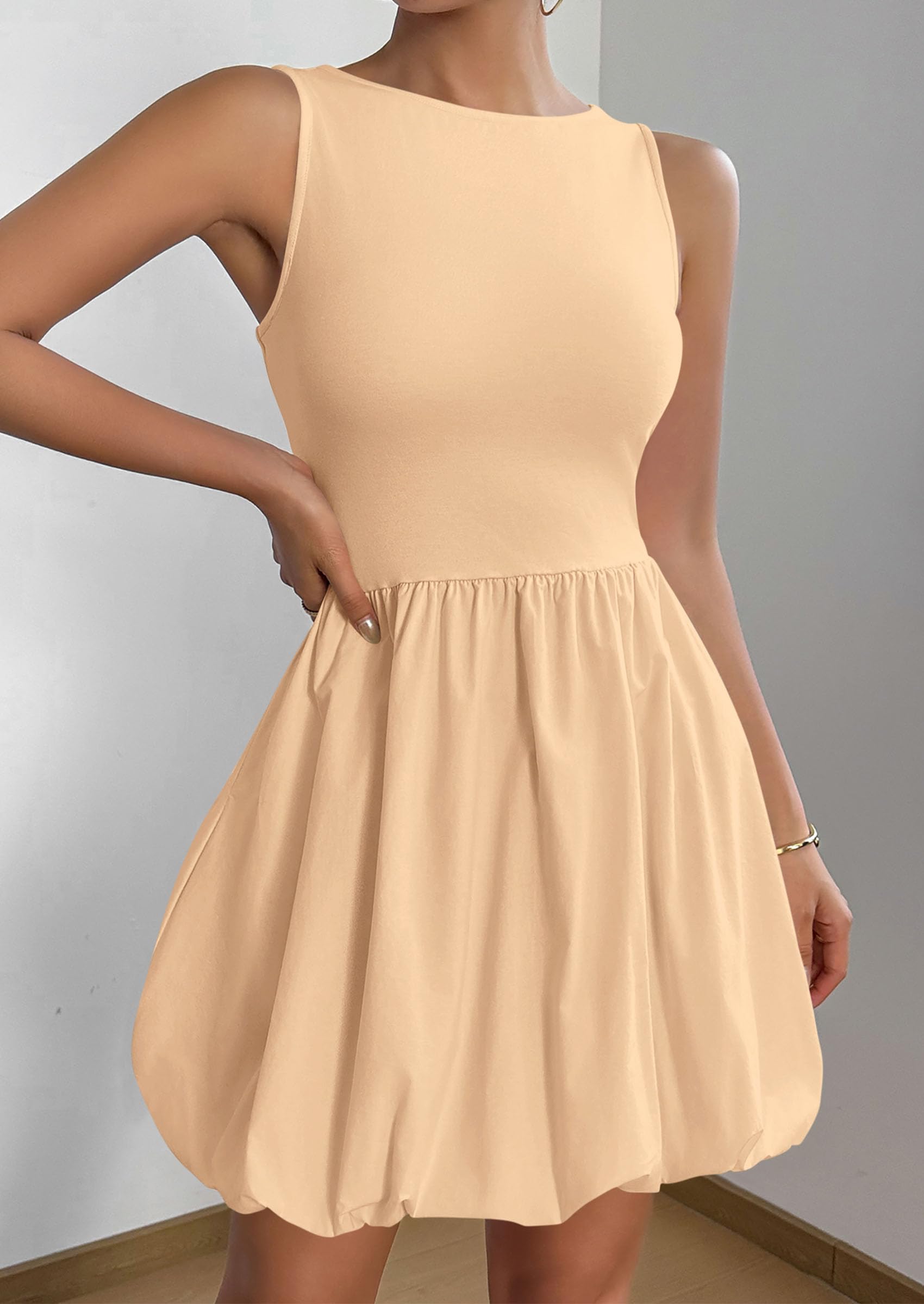 Womens Summer Bubble Sleeveless Mini Dress,Khaki,S