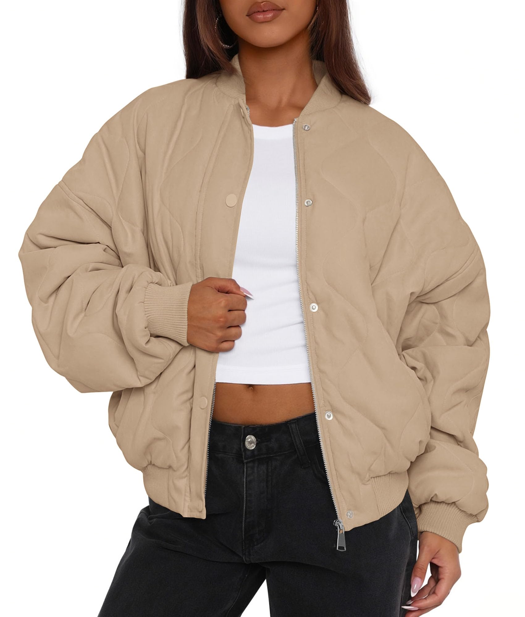 Women's Quilted Bomber Jacket Fall Fashion 2026 Lightweight Cropped Zip up Outerwear Winter Puffer Coats Pockets (Khaki,Small)