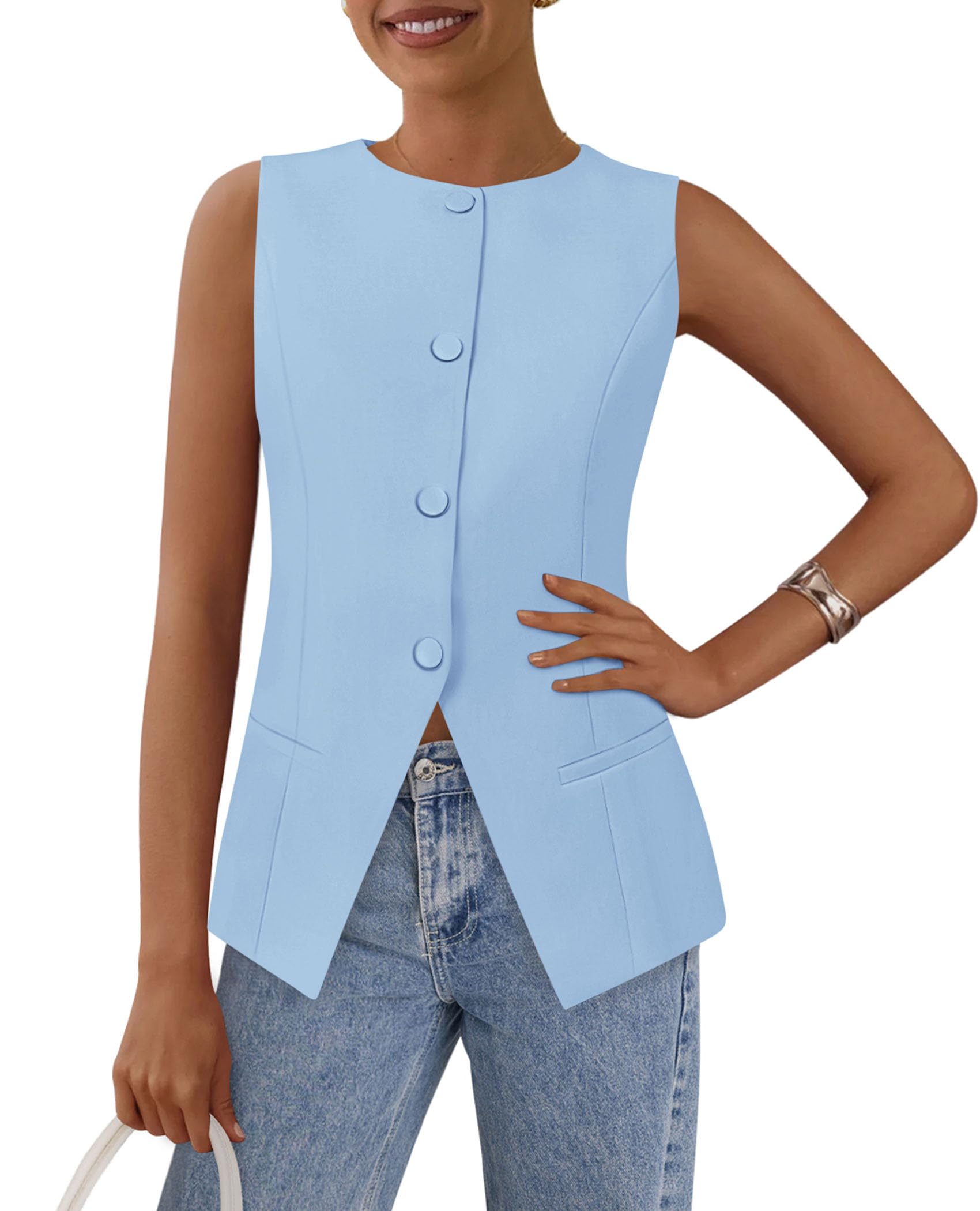 Women Tailored Suit Vest Business Casual Tops, Light Blue,S