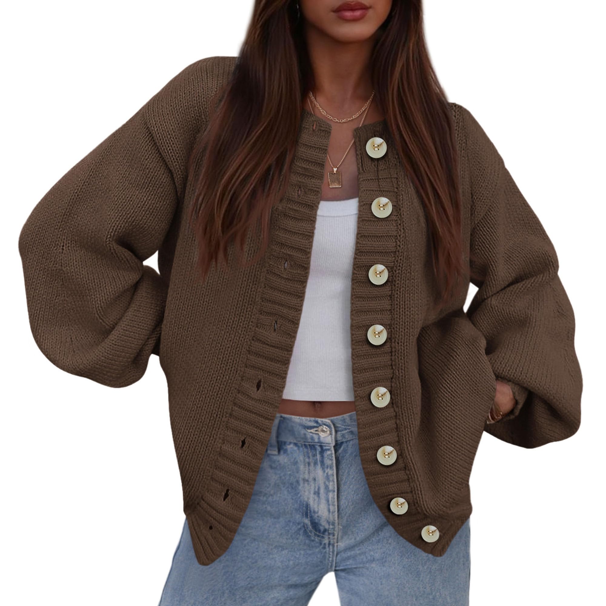 Women's Winter Chunky Cardigan Sweaters (Brown,Small)