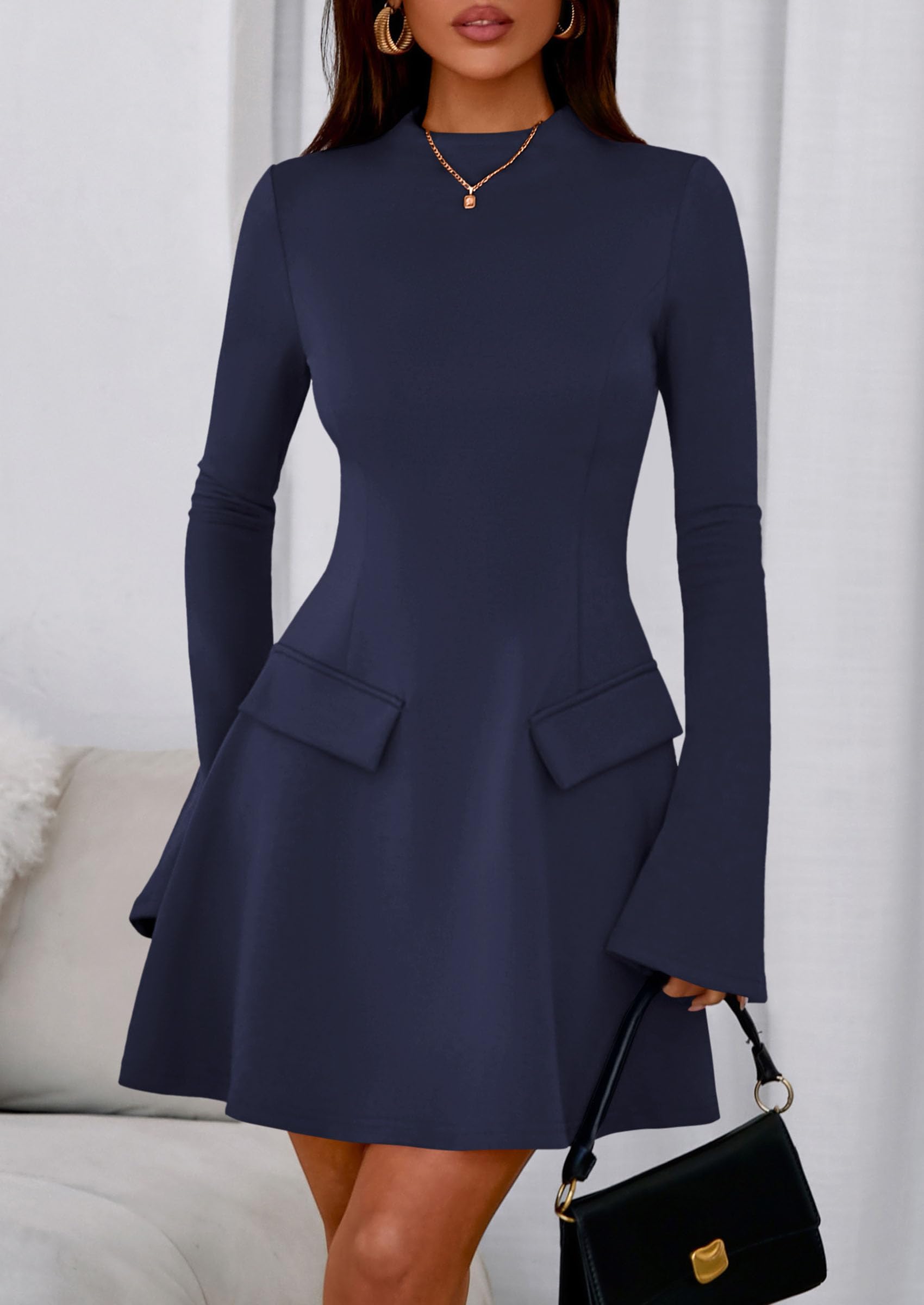 Women's Fall Bell Sleeve Short Dress,Dark Blue,XS