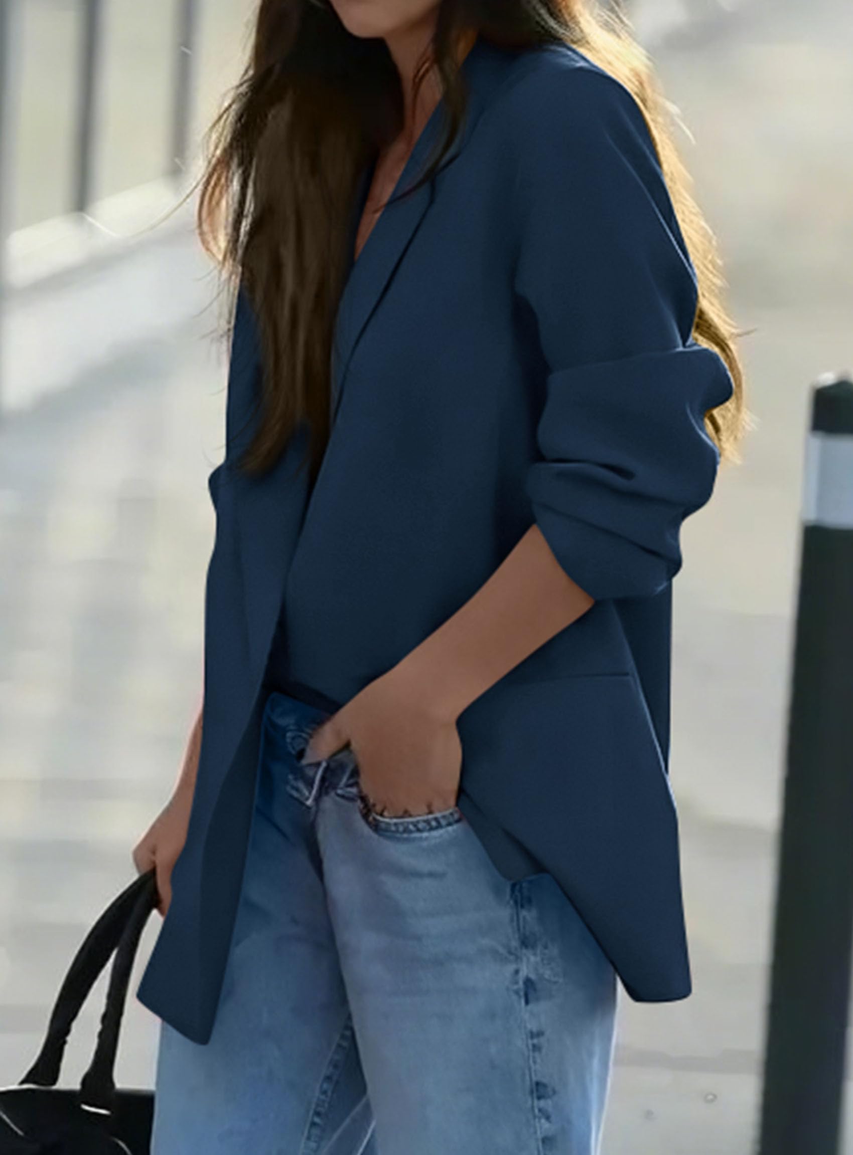 Women's Fall Business Casual Oversized Blazers(Dark Blue,S)