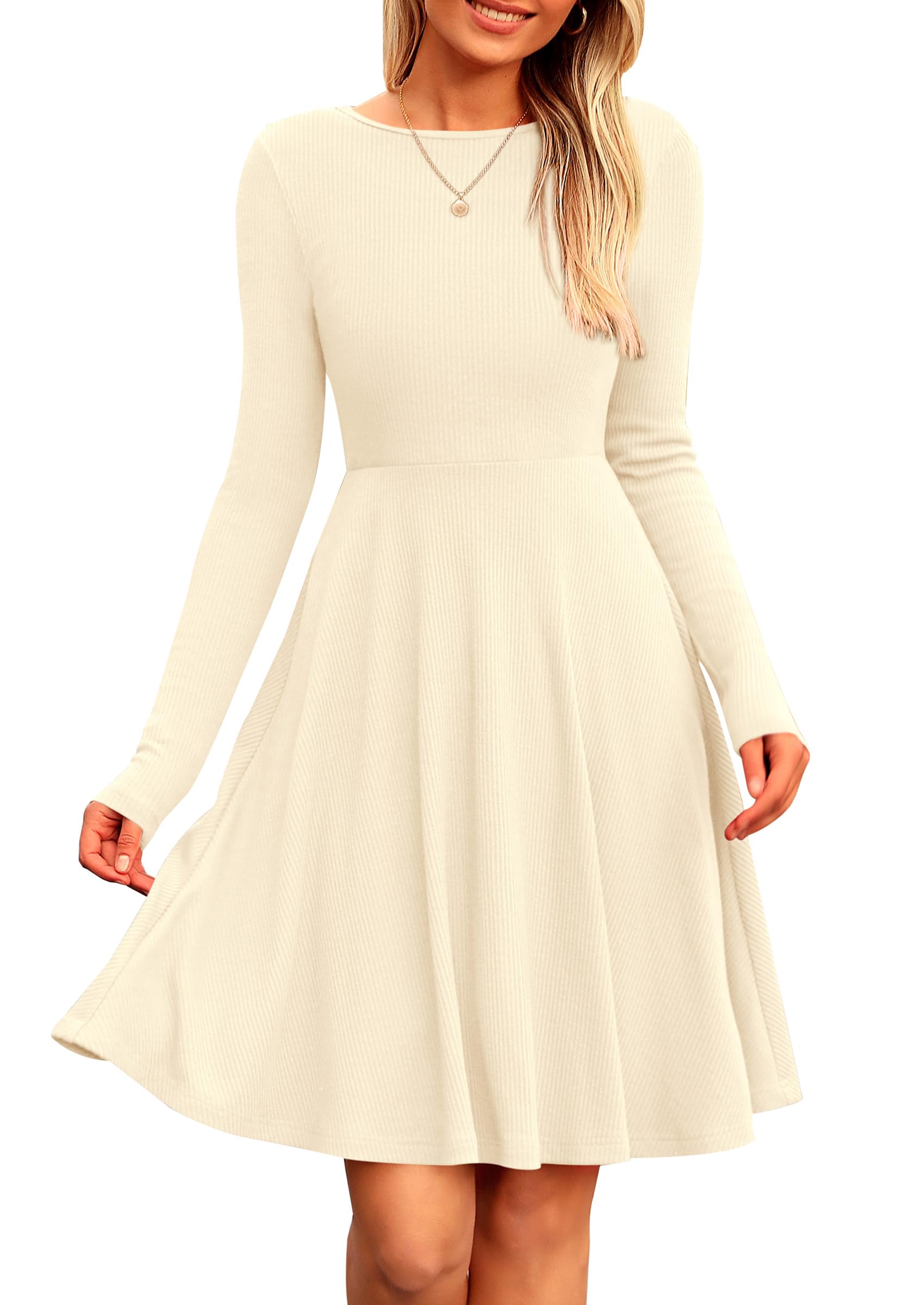 Women's Fall Casual Long Sleeve Short Dress (Beige,S)