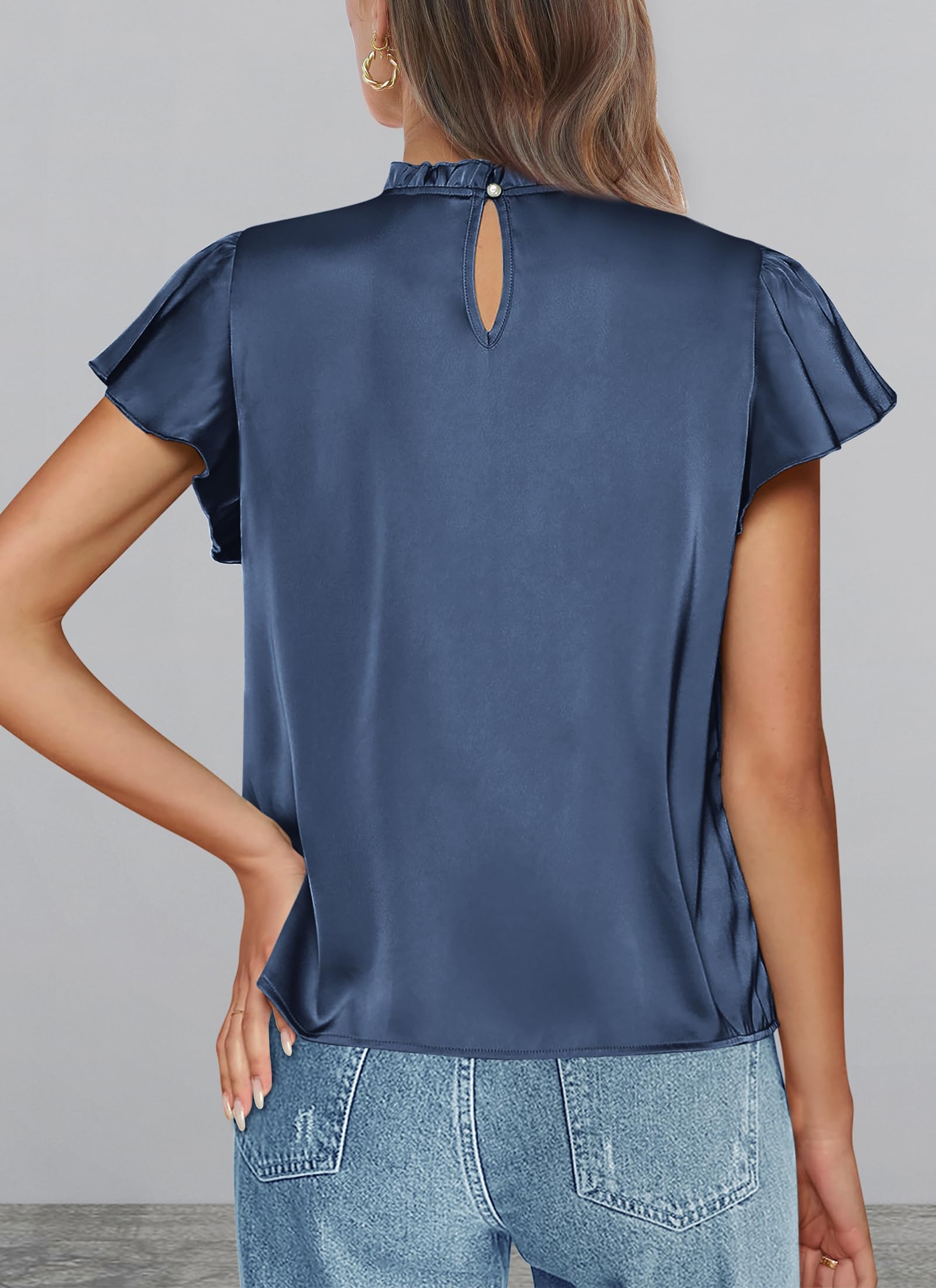 Women's Satin Tops Business Casual Work Blouses, Grey Blue,M