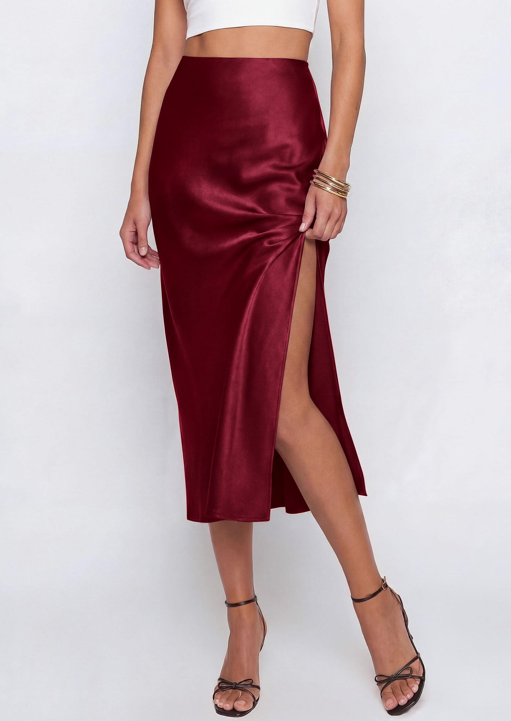 Womens Satin Skirt Silk Slip Midi Work Skirts, Burgundy, S