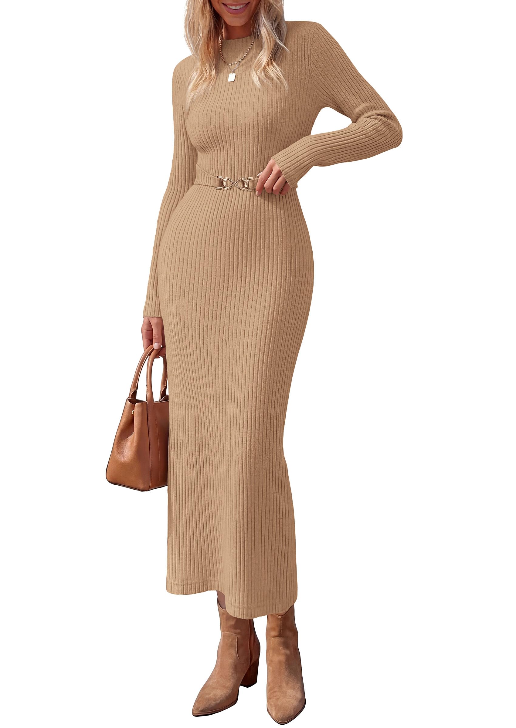 Women's Long Sleeve Bodycon Maxi Sweater Dress Khaki,XS