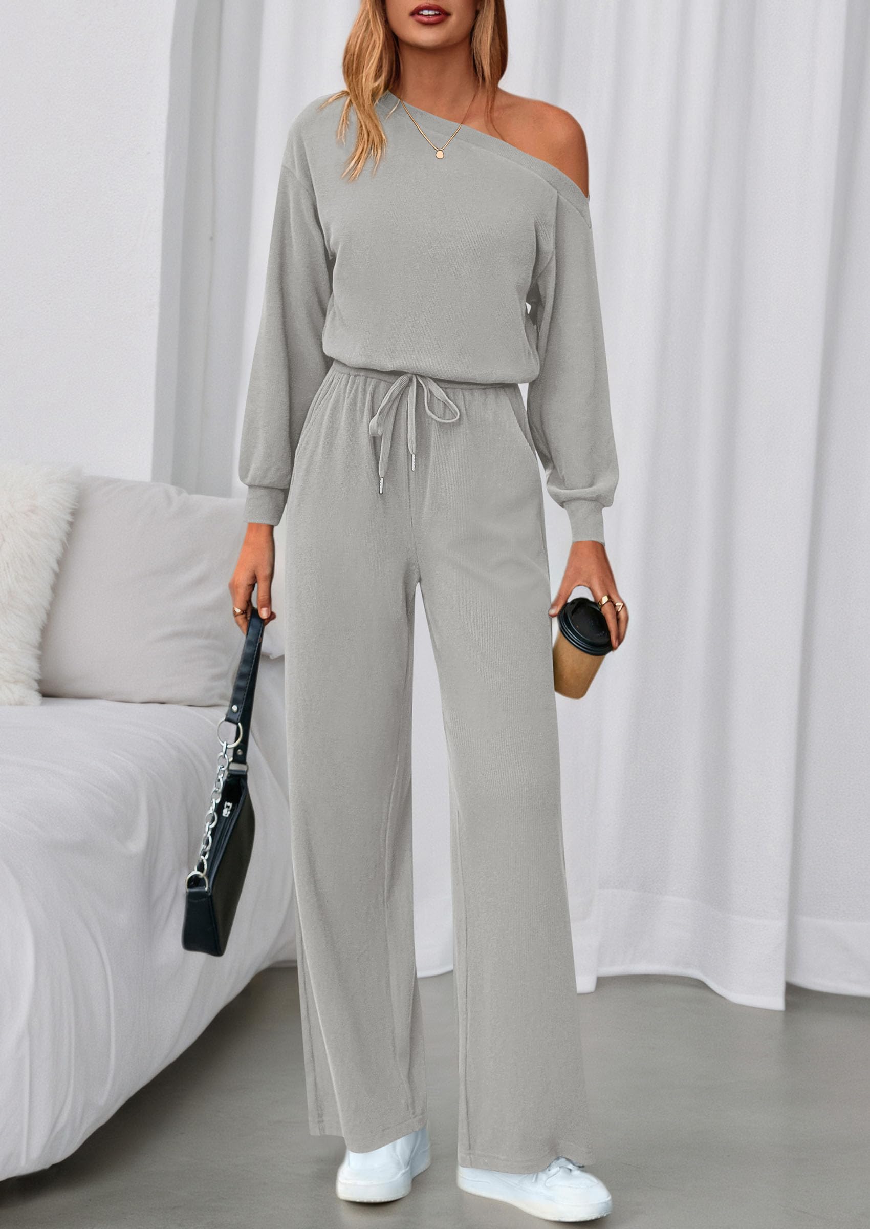 Womens Off Shoulder Long Sleeve Jumpsuit,Grey,S