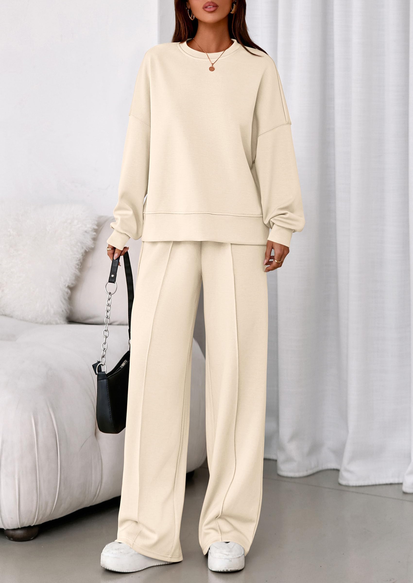 Womens Long Sleeve Sweatshirt 2 Piece Sets,Beige,S