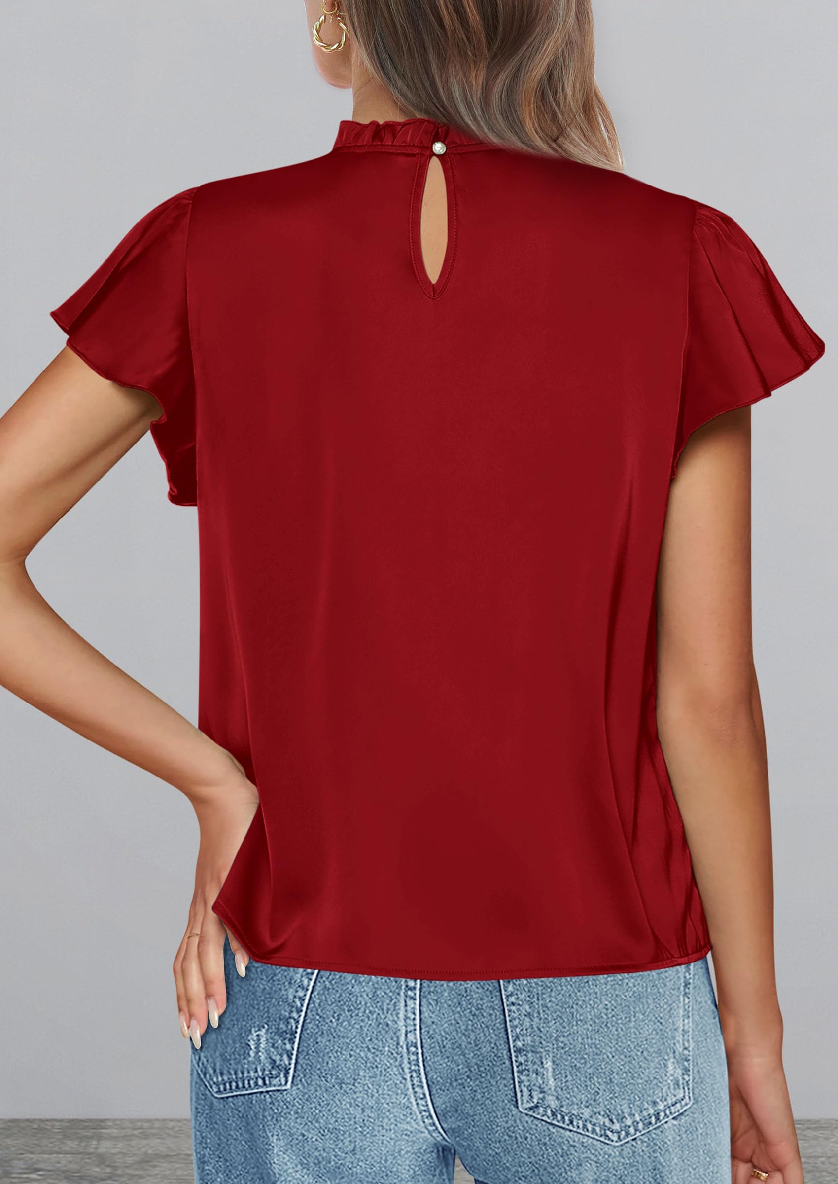 Women's Satin Tops Business Casual Work Blouses, Red,S