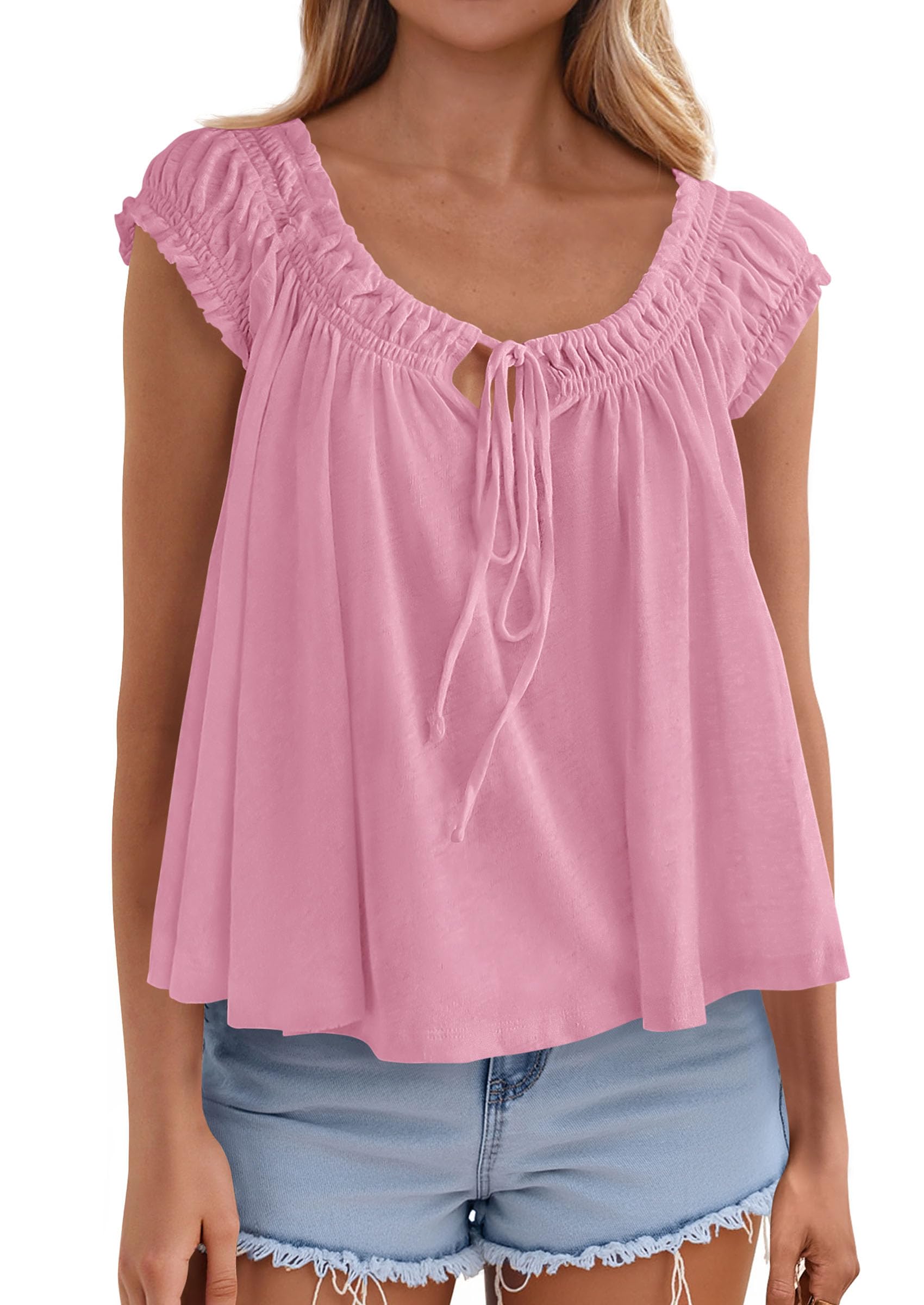 Womens Summer Tank Tops Babydoll Peplum Blouses,Pink,XS