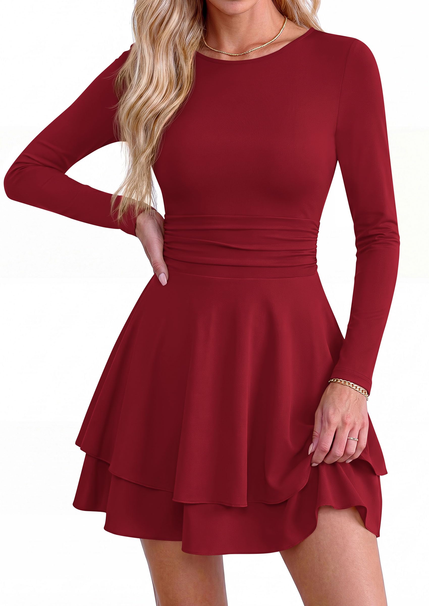 Womens Fit and Flare Crewneck Long Sleeve Mini Dress Wine Red