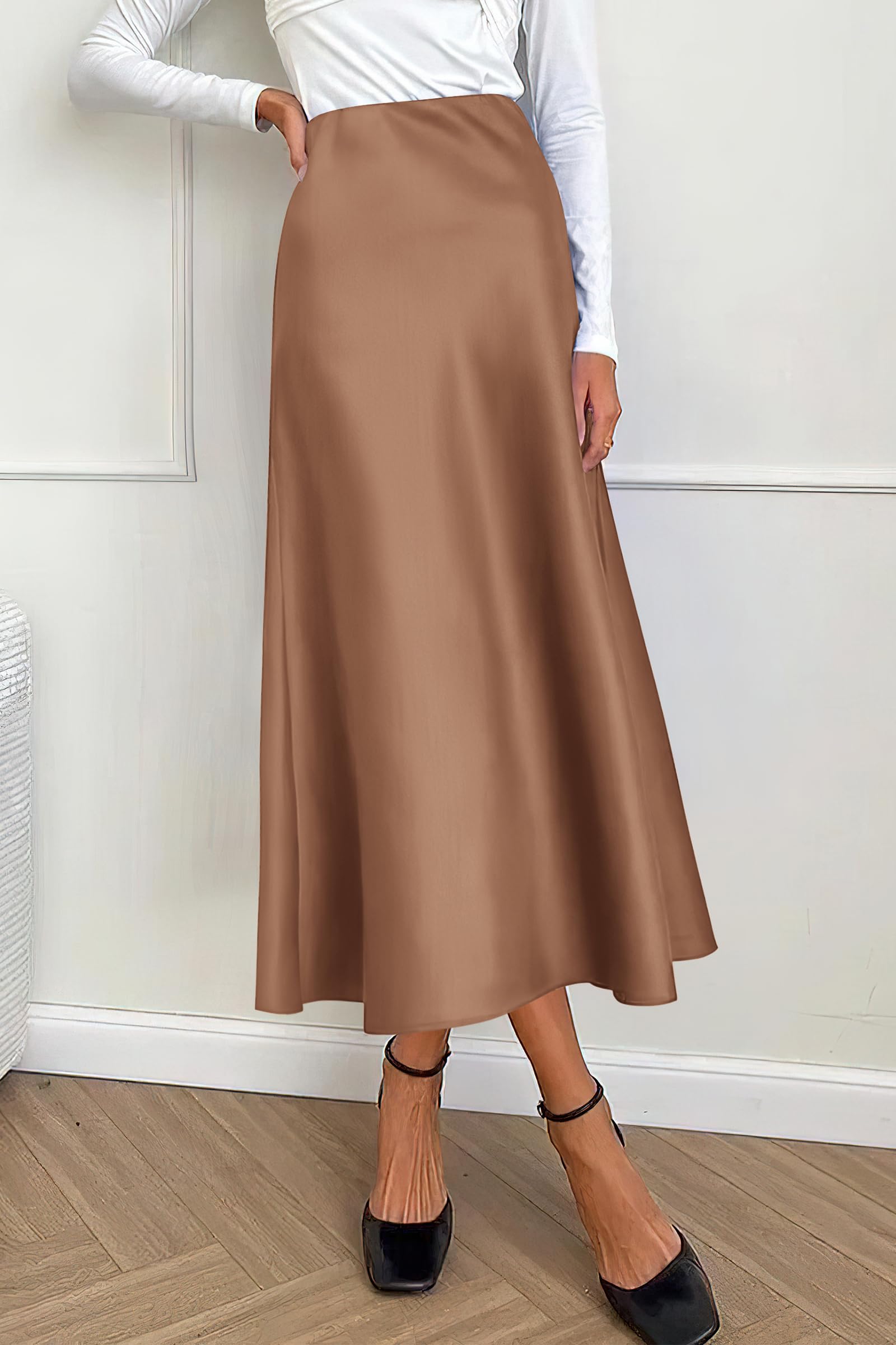 Women's Satin Midi Skirts Dressy Casual,Coffee,S