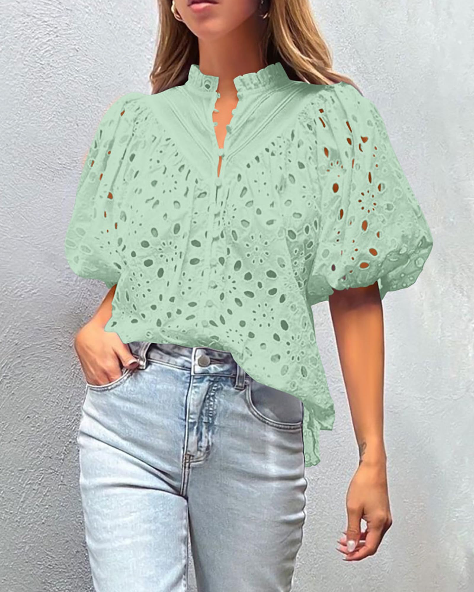 Womens Tops Boho Eyelet Puff Sleeve Blouse, Light Green,S