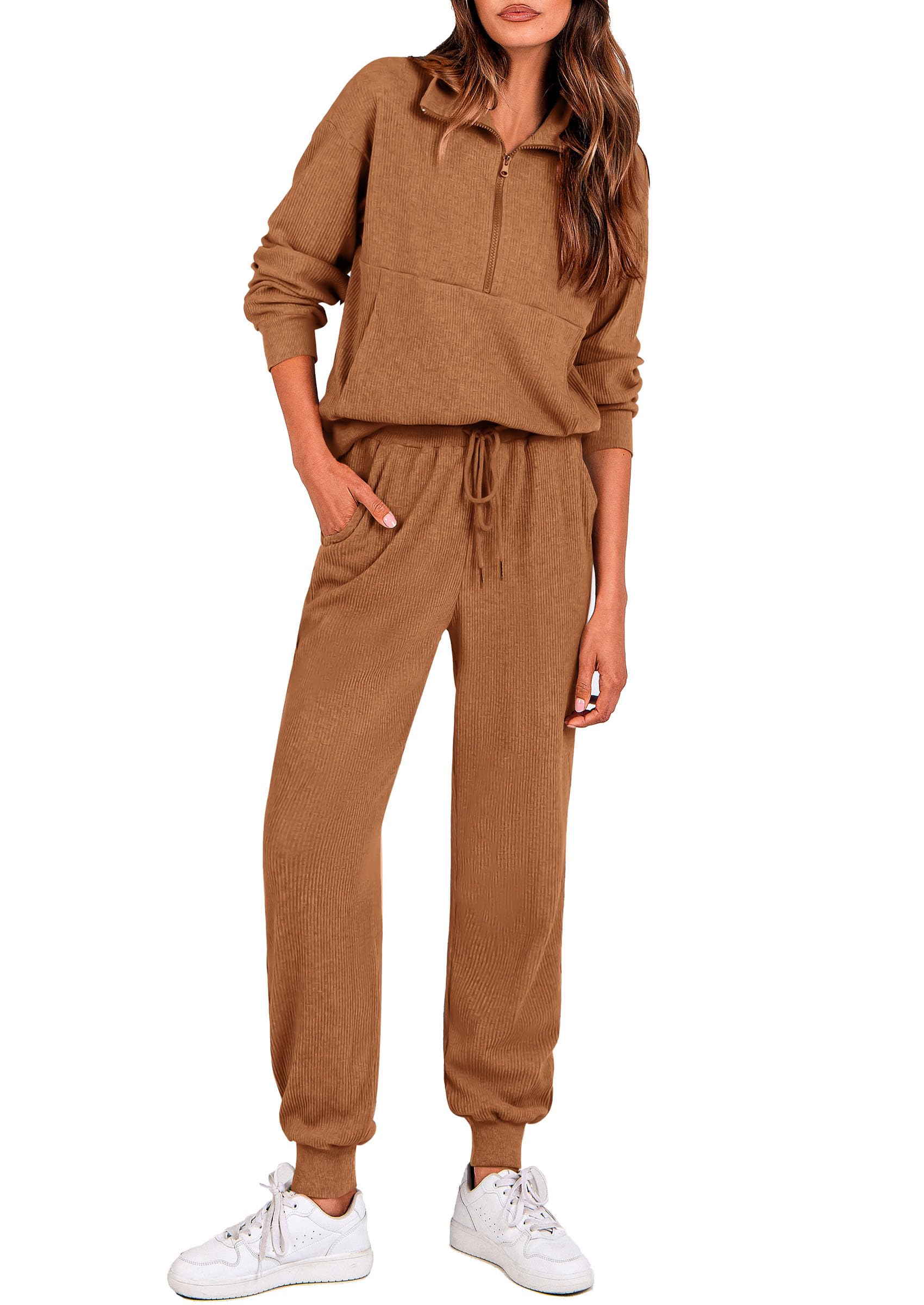 Airport Travel Outfit Women Ribbed Knit Matching Lounge Sets