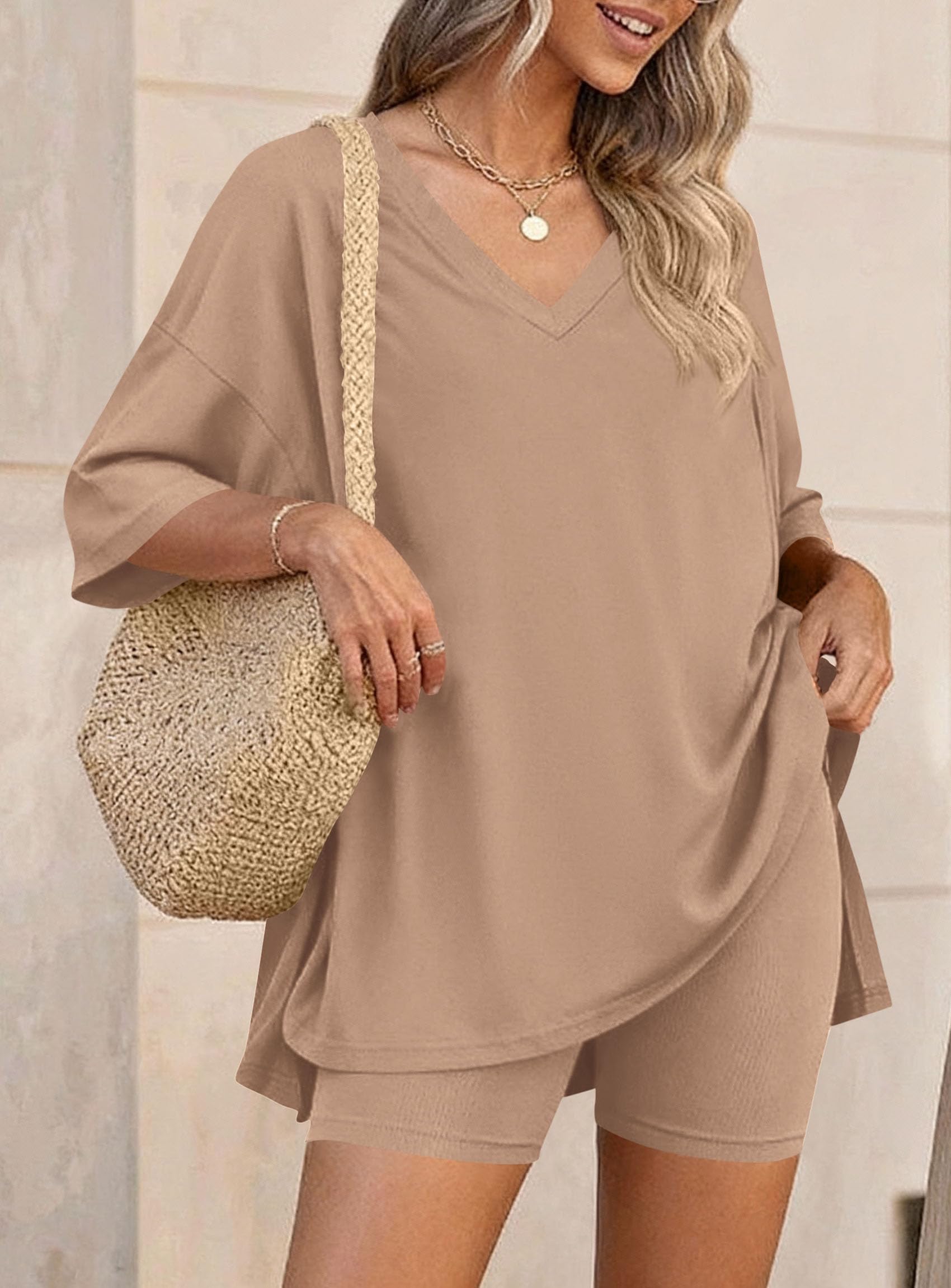 Womens 2 Piece Outfit Lounge Short Sets,Khaki,S