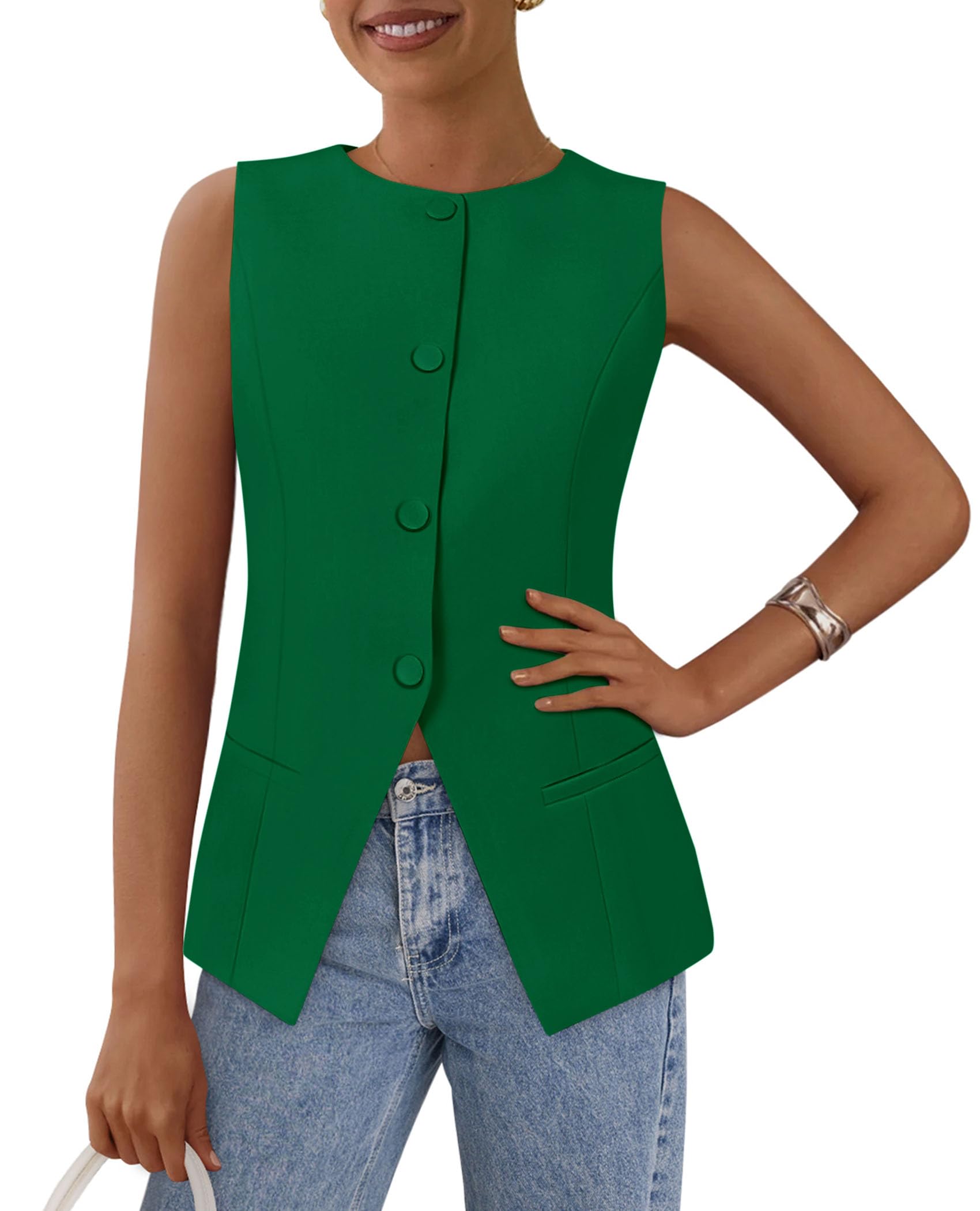 Women Tailored Suit Vest Business Casual Tops, Green,S