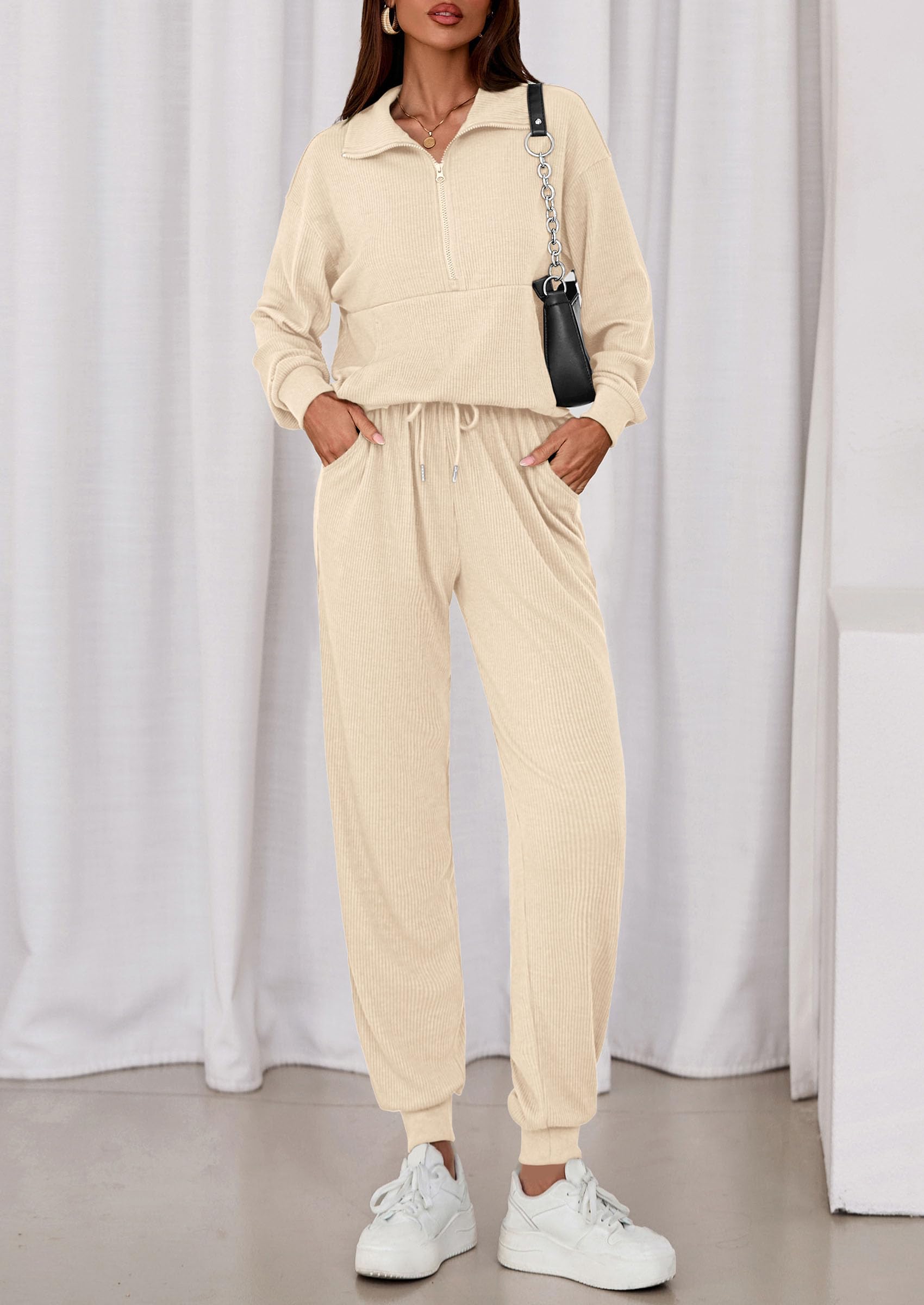 Airport Travel Outfit Women Ribbed Knit Matching Lounge Sets