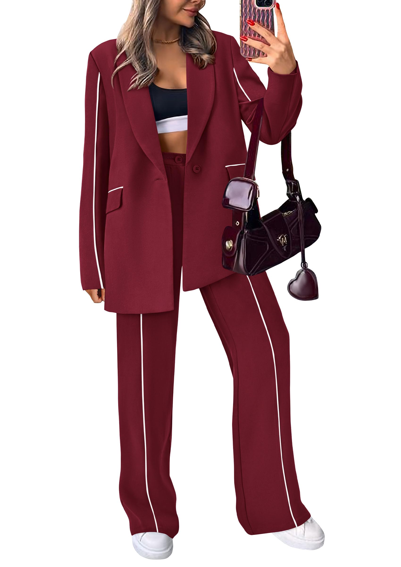 Women's 2 Piece Blazer Business Casual Outfits(Wine Red,S)