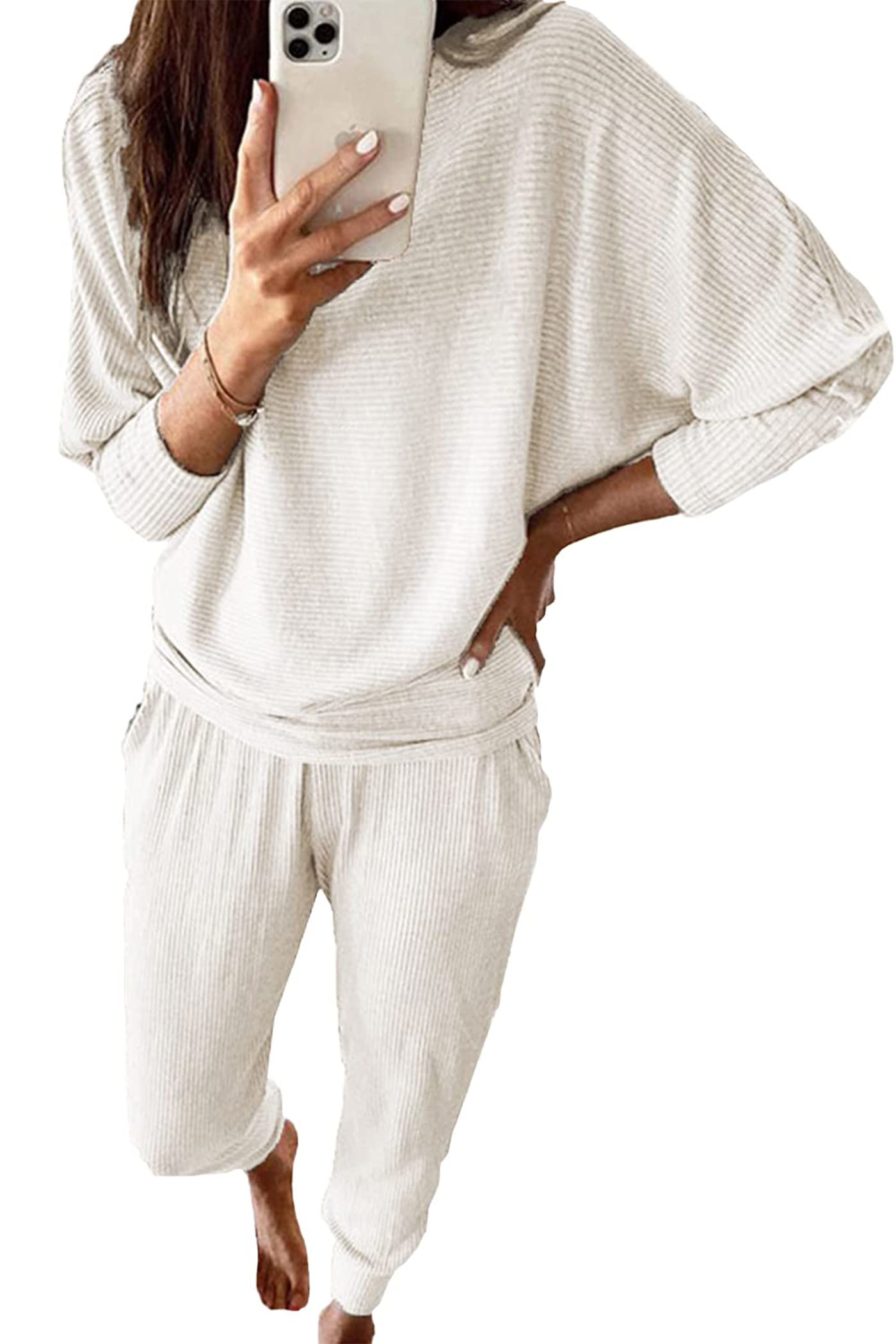 Women's 2 Piece Fall Outfits Matching Ribbed Knit Lounge Sets