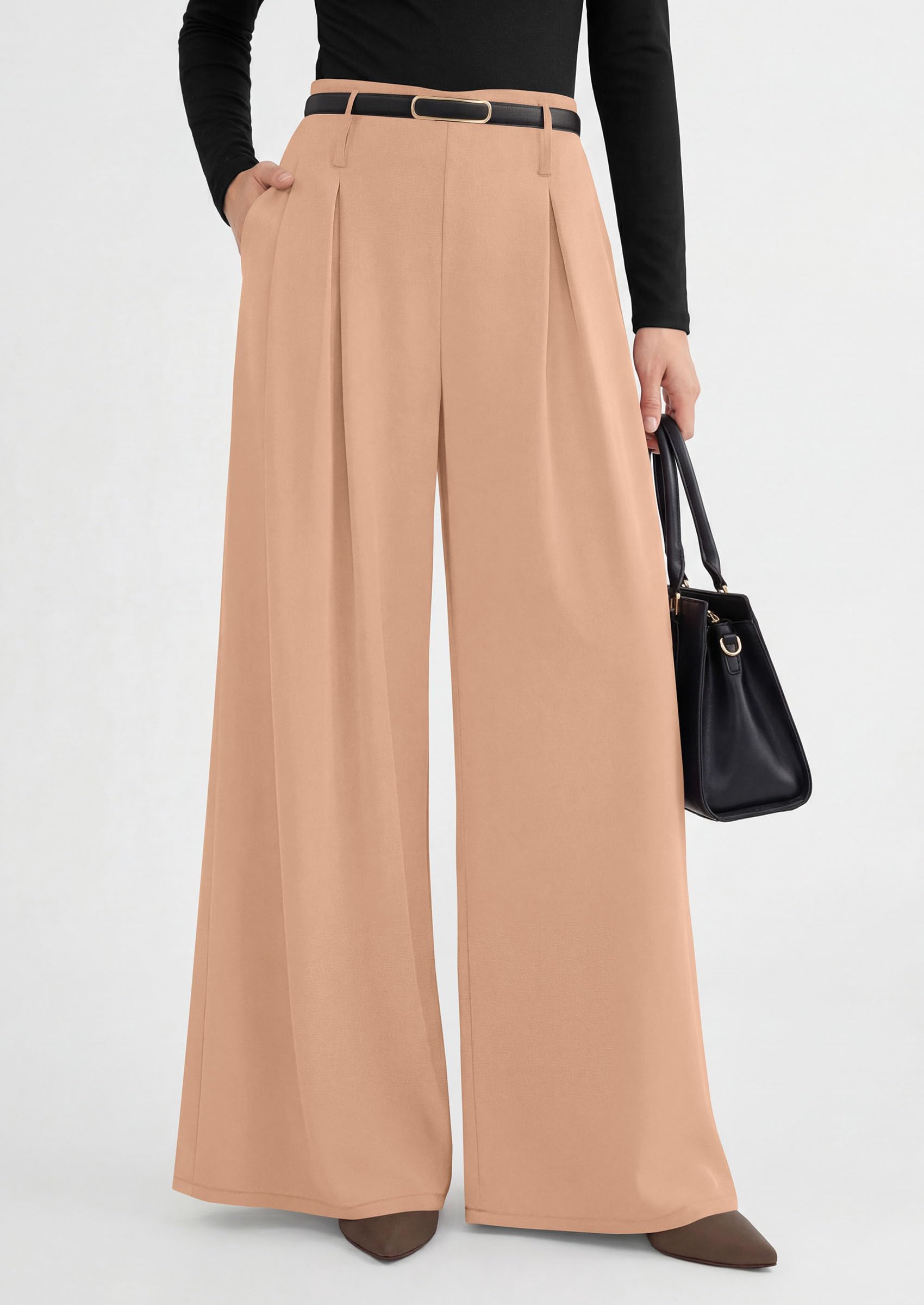 Womens Wide Leg Dress Pants Flowy Trousers,Champagne,S