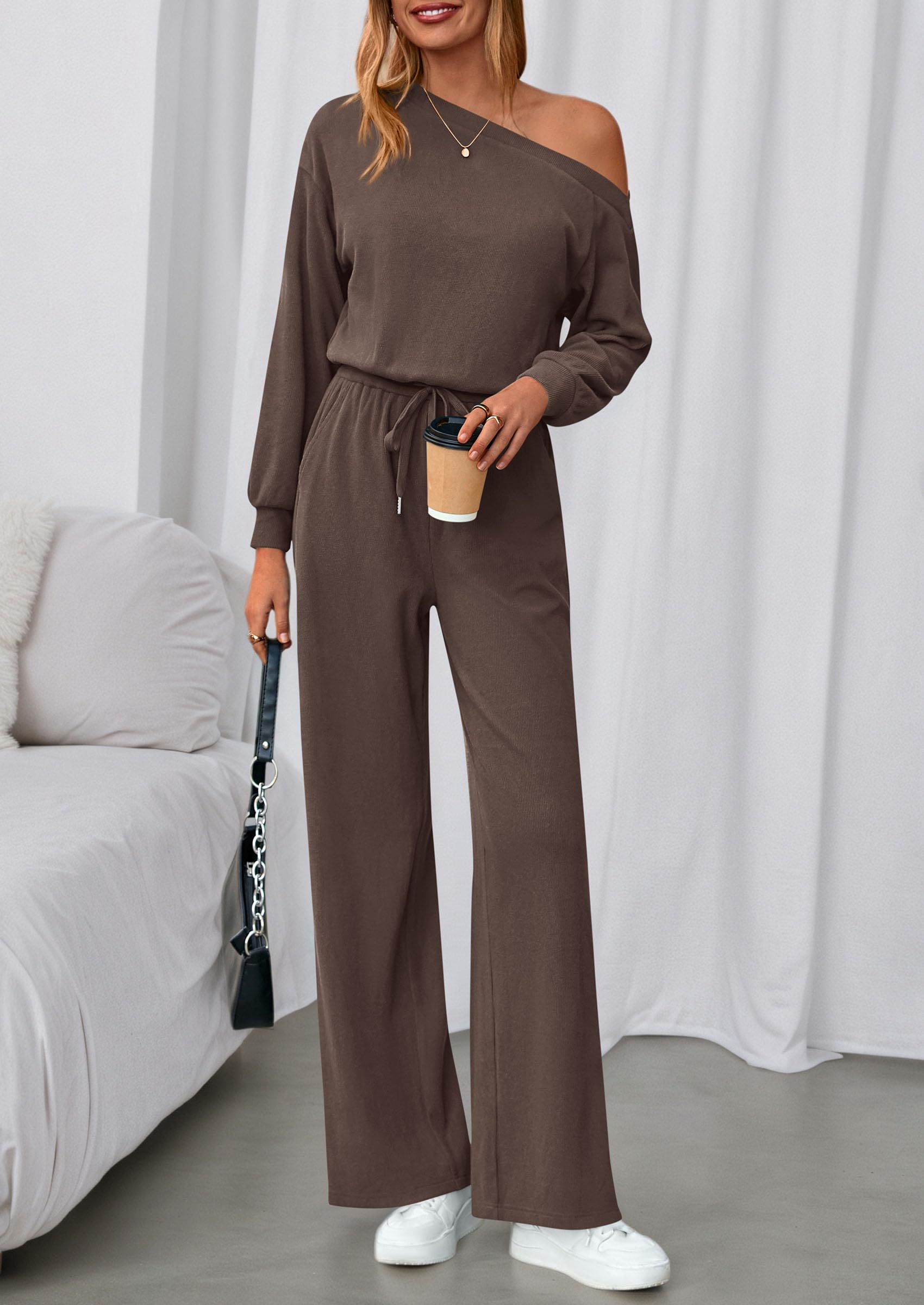 Womens Off Shoulder Long Sleeve Jumpsuit,Brown,S
