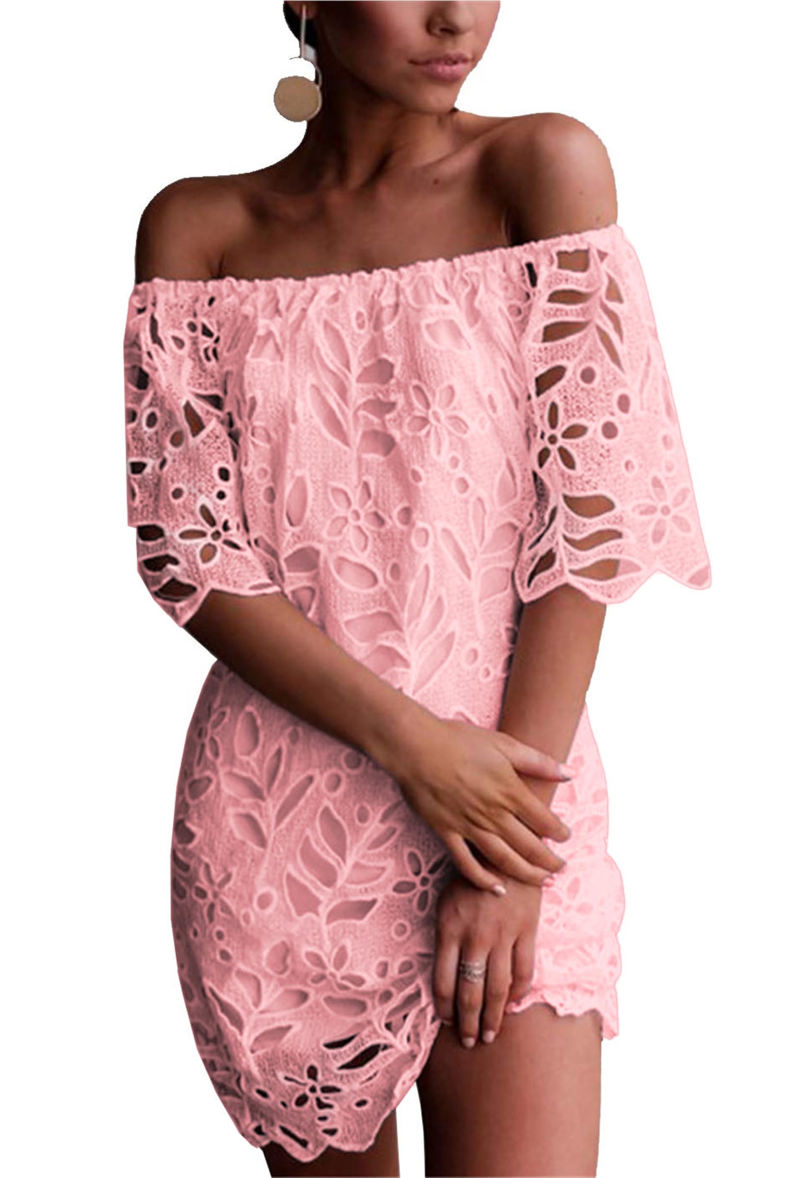 Women's Boho Off the Shoulder Lace Mini Dress, Pink,S