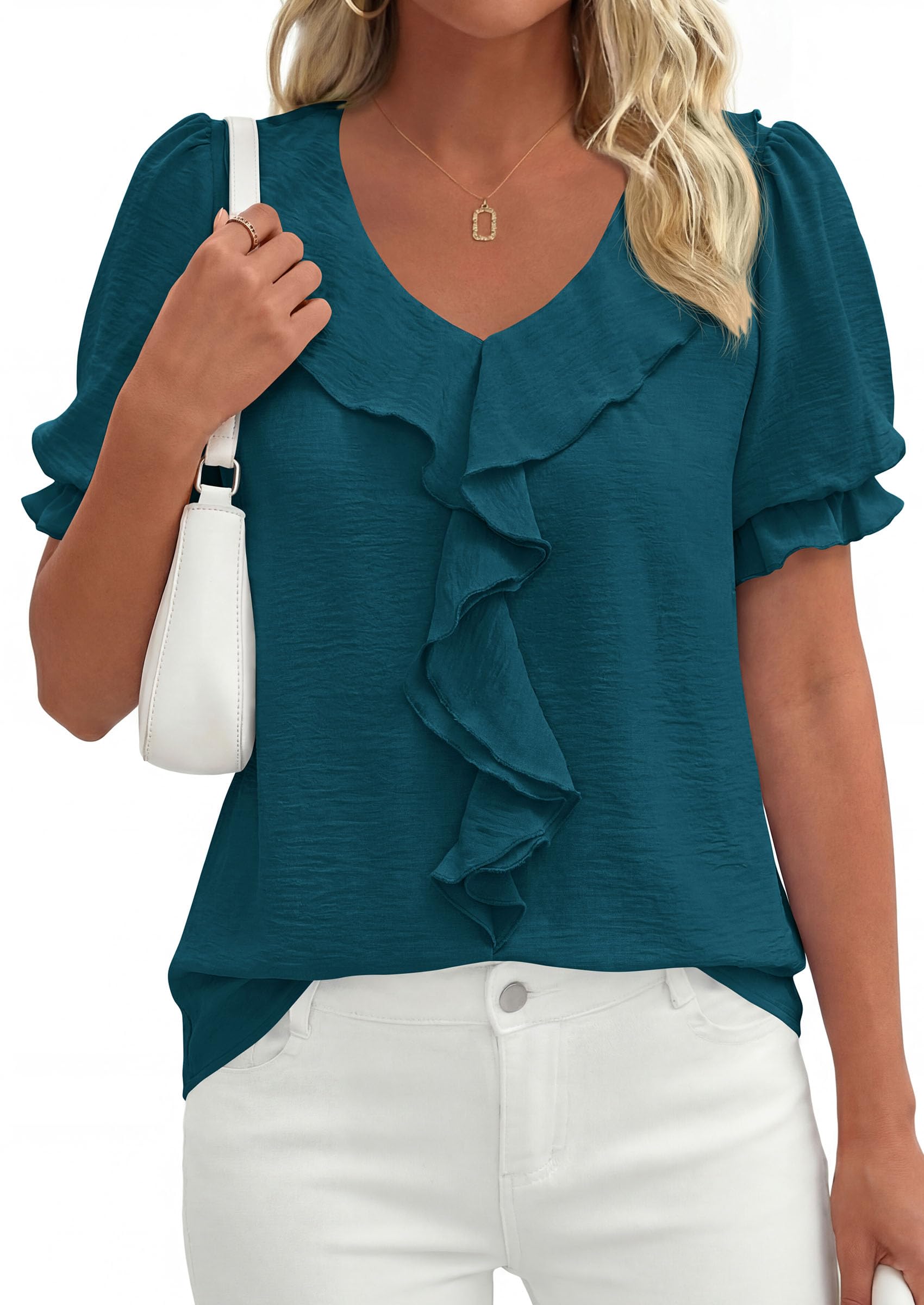 Women's Summer Ruffle Dressy Casual Blouses (Dark Blue,S)