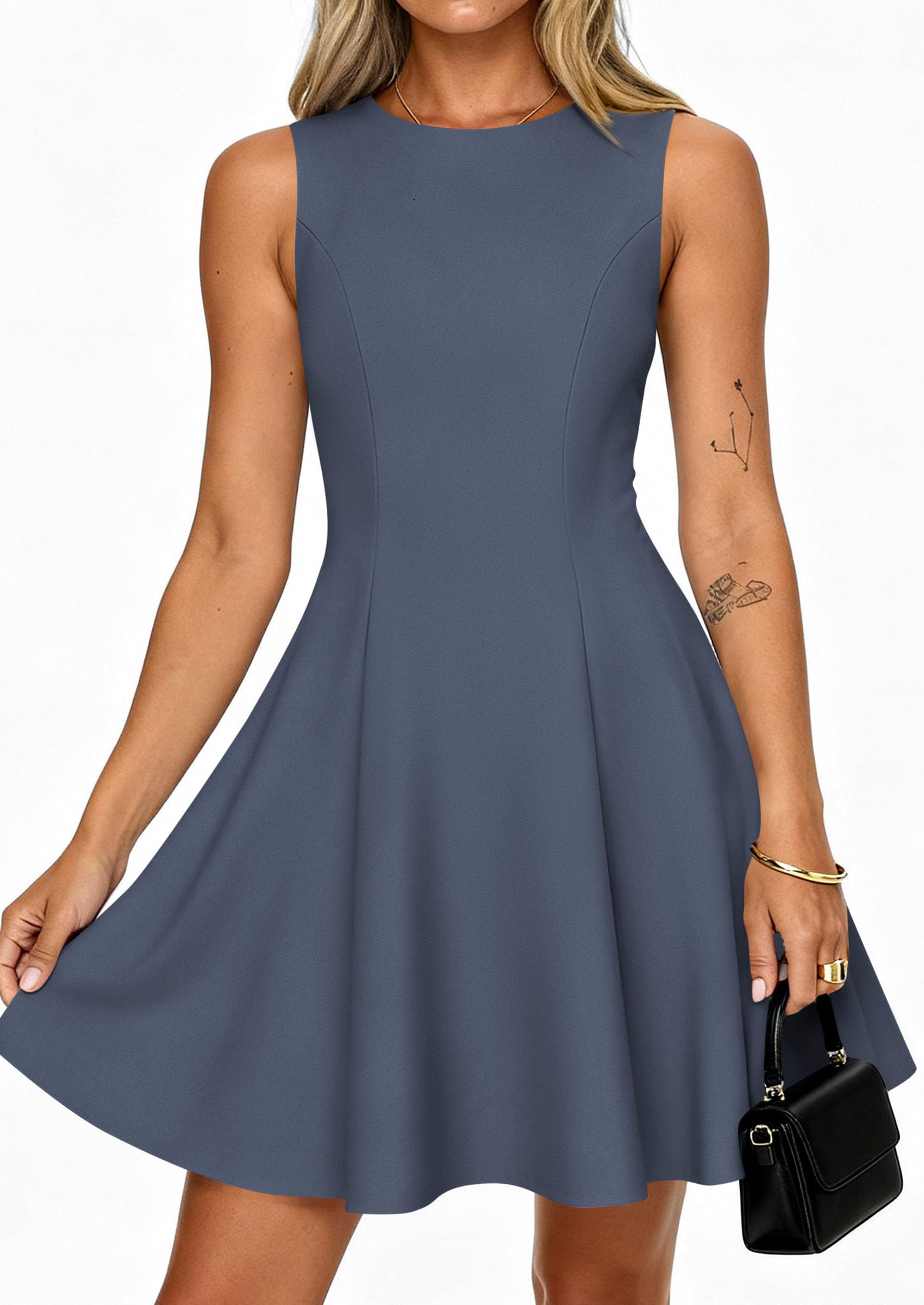 Women's Formal Boat Neck A Line Mini Dress,Dusty Blue,XS