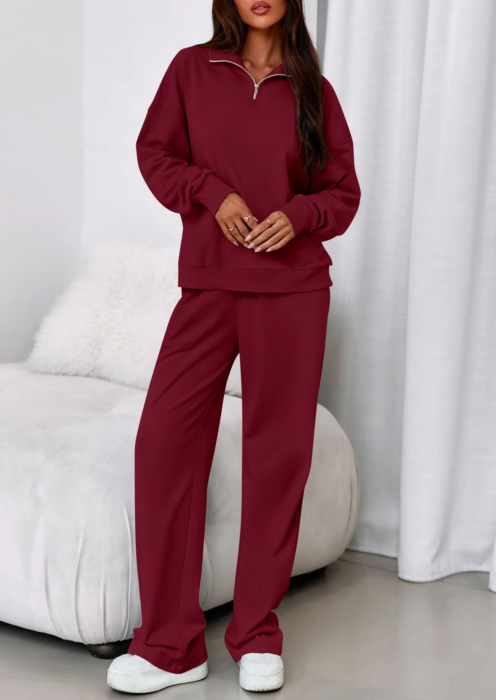 Womens 2 Piece Outfits Matching Lounge Sets,Wine Red,S