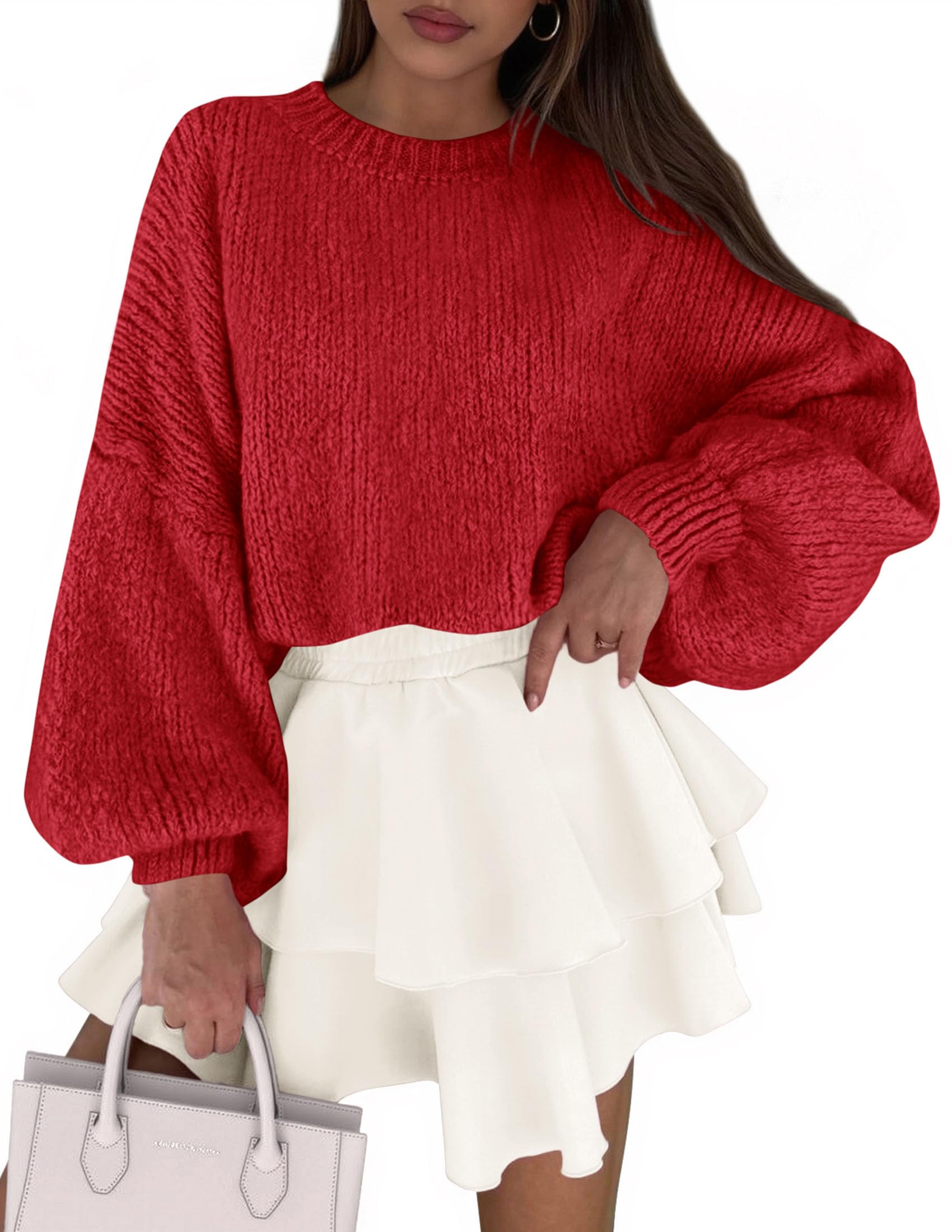 Women's Chunky Knit Oversized Pullover Sweaters,Red,S