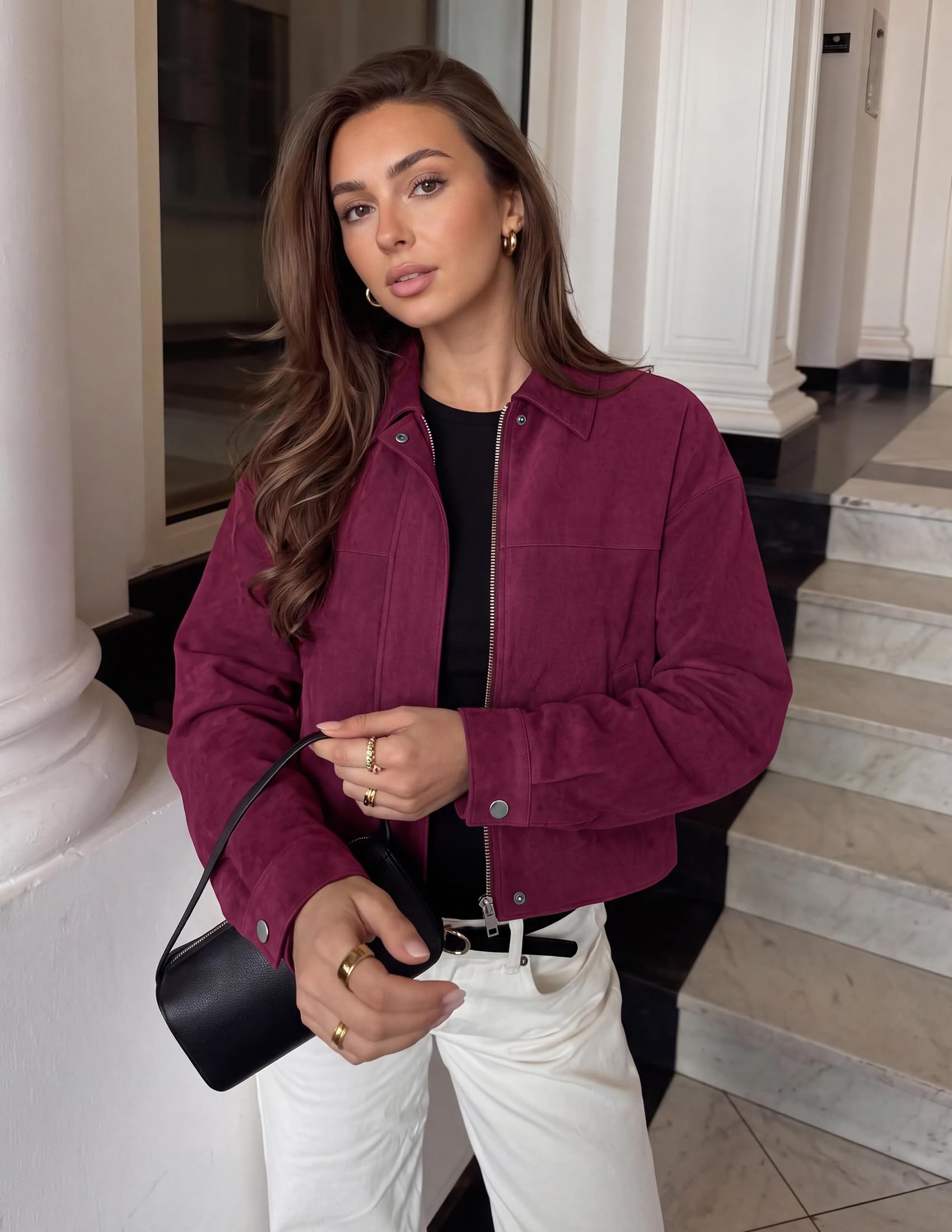 Women's Faux Suede Cropped Fall Jackets,Wine Red,S