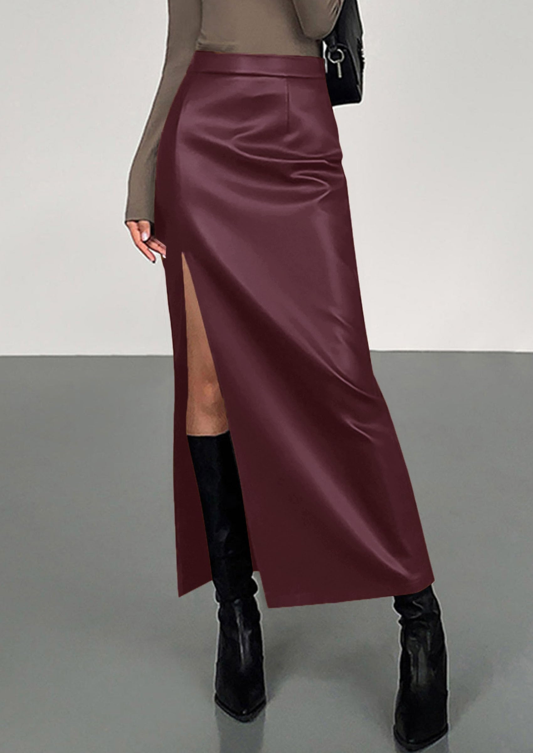 Women's Faux Leather Long Pencil Skirt,Deep Purple,XS