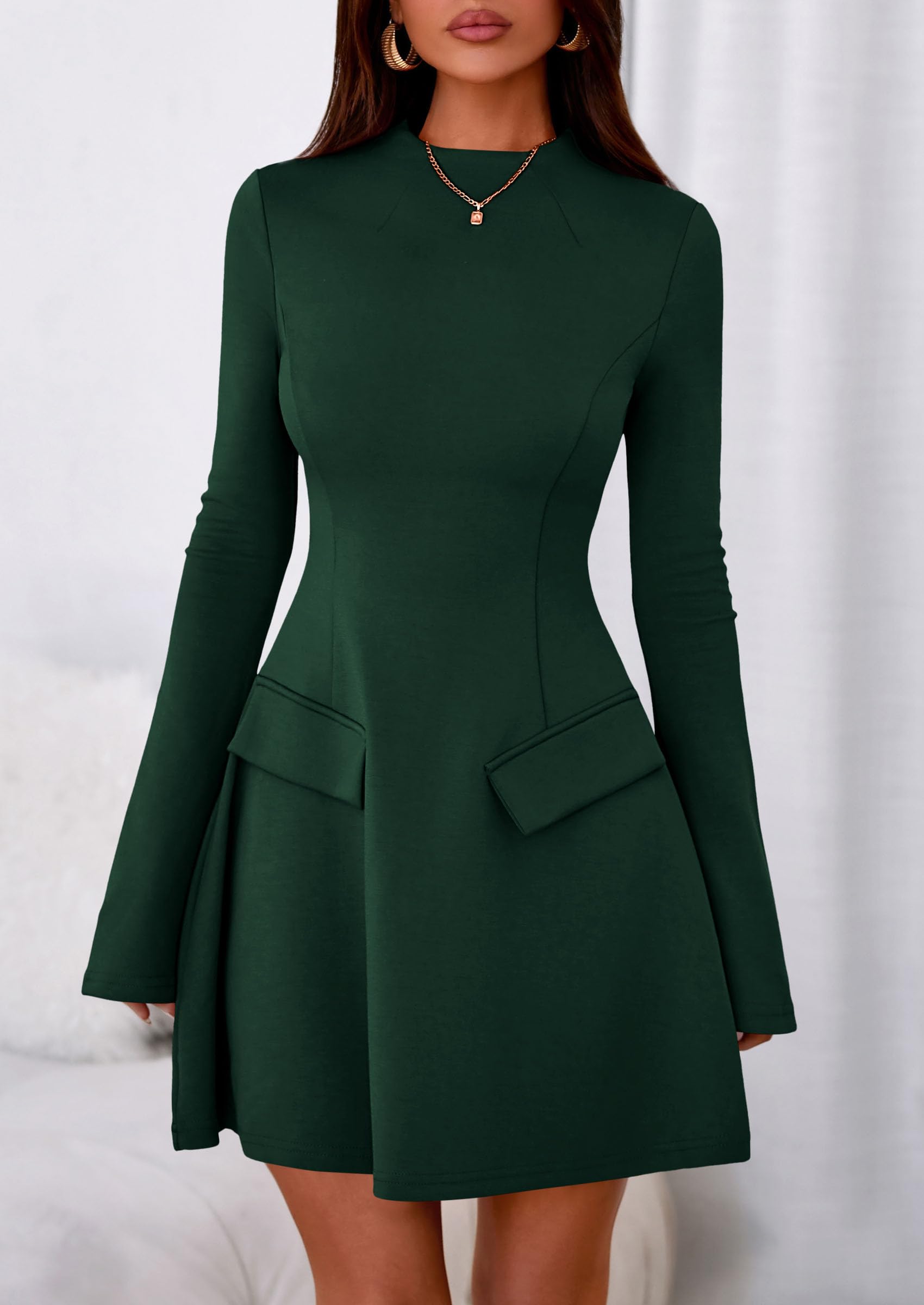Women's Fall Bell Sleeve Short Dress,Dark Green,XS