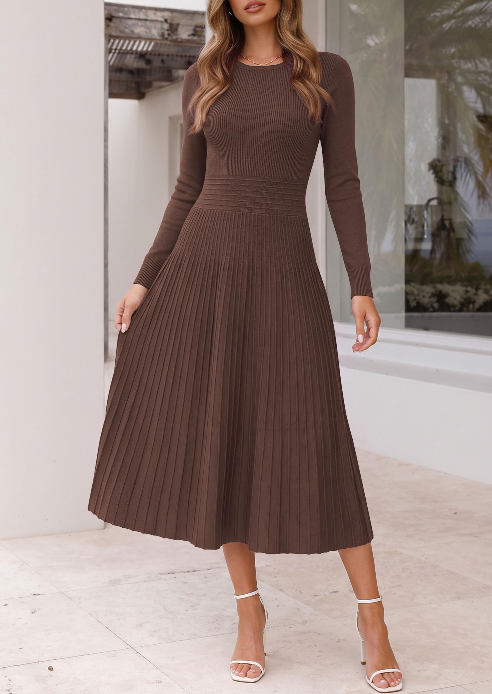 Women's Long Sleeve Knit Maxi Sweater Dress,Brown,S