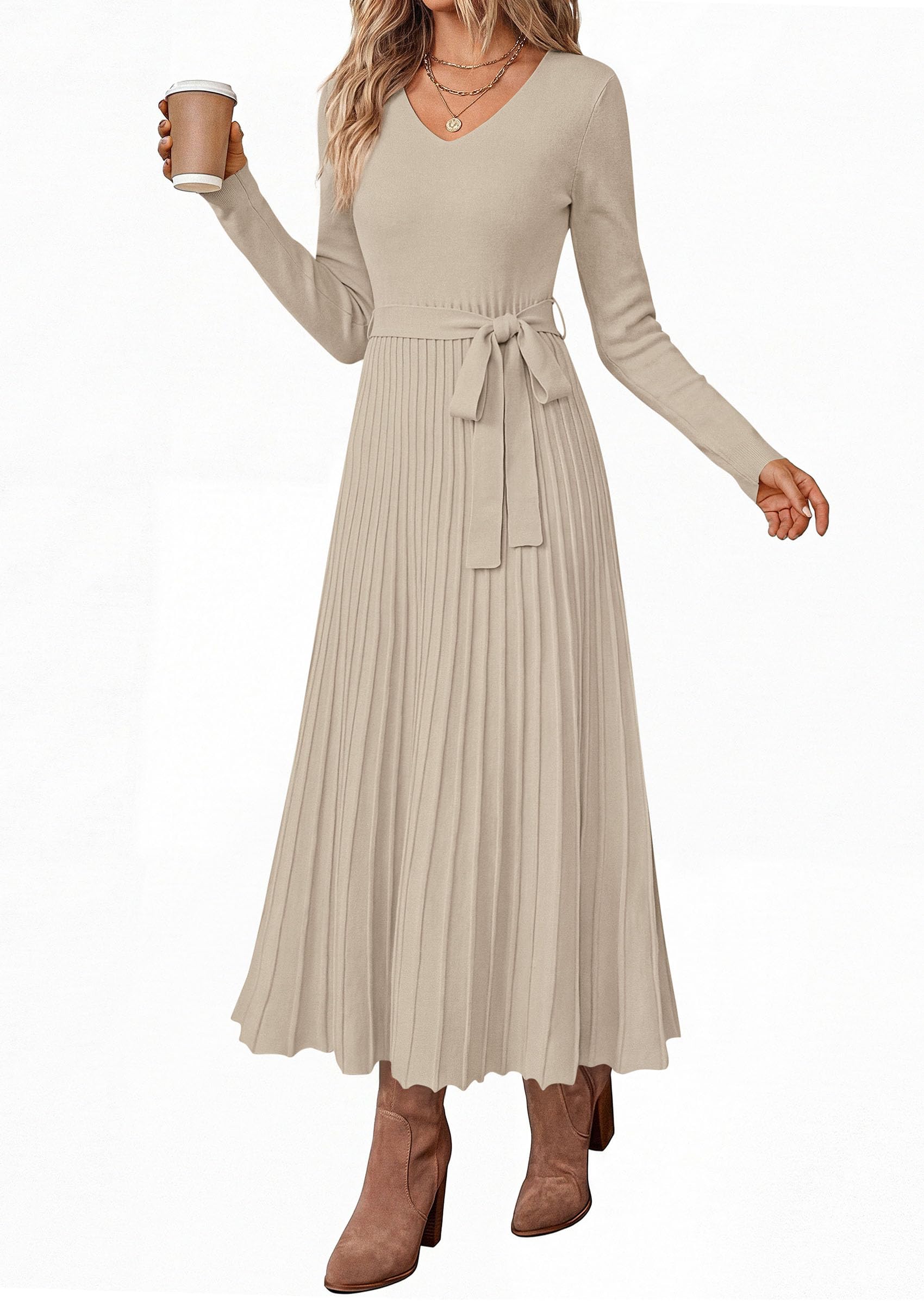 Womens Fall Maxi Long Sleeve Sweater Dress,Light Khaki,S