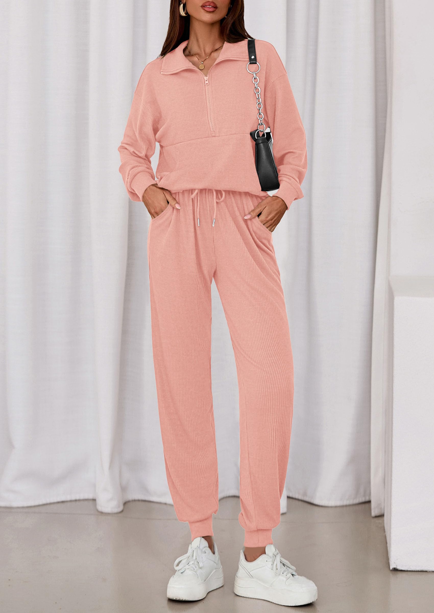 Airport Travel Outfit Women Ribbed Knit Matching Lounge Sets