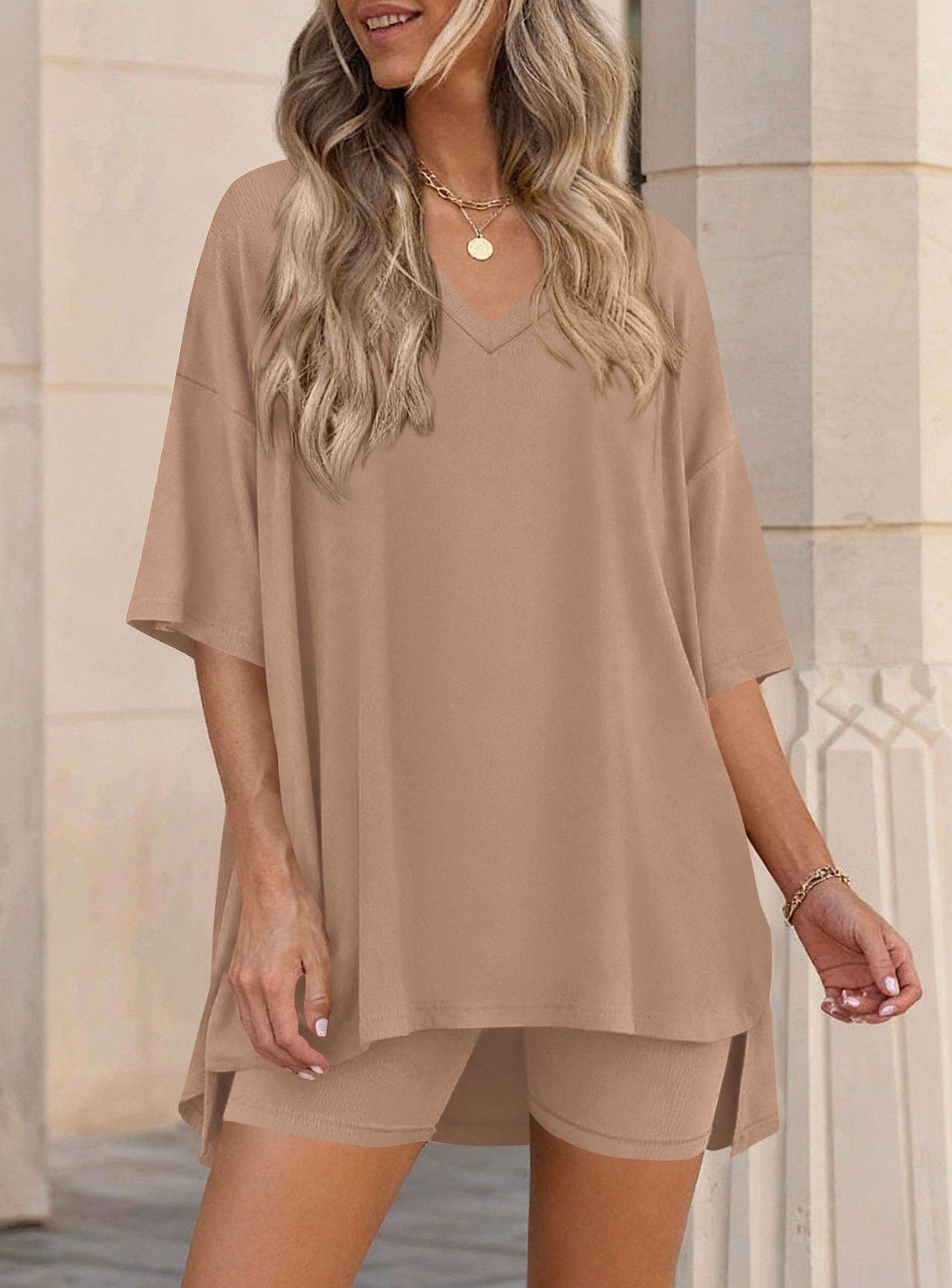 Womens 2 Piece Outfit Lounge Short Sets,Khaki,S