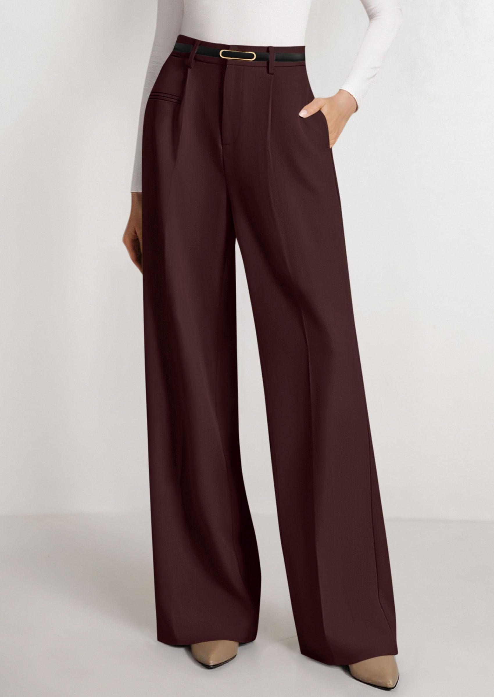 Women's Tailored Wide Leg Work Dress Pants,Red Brown,XS