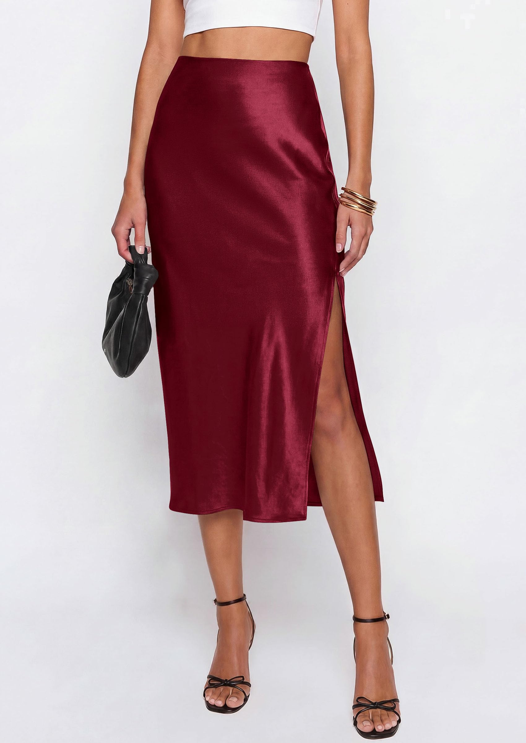 Womens Satin Skirt Silk Slip Midi Work Skirts, Burgundy, S