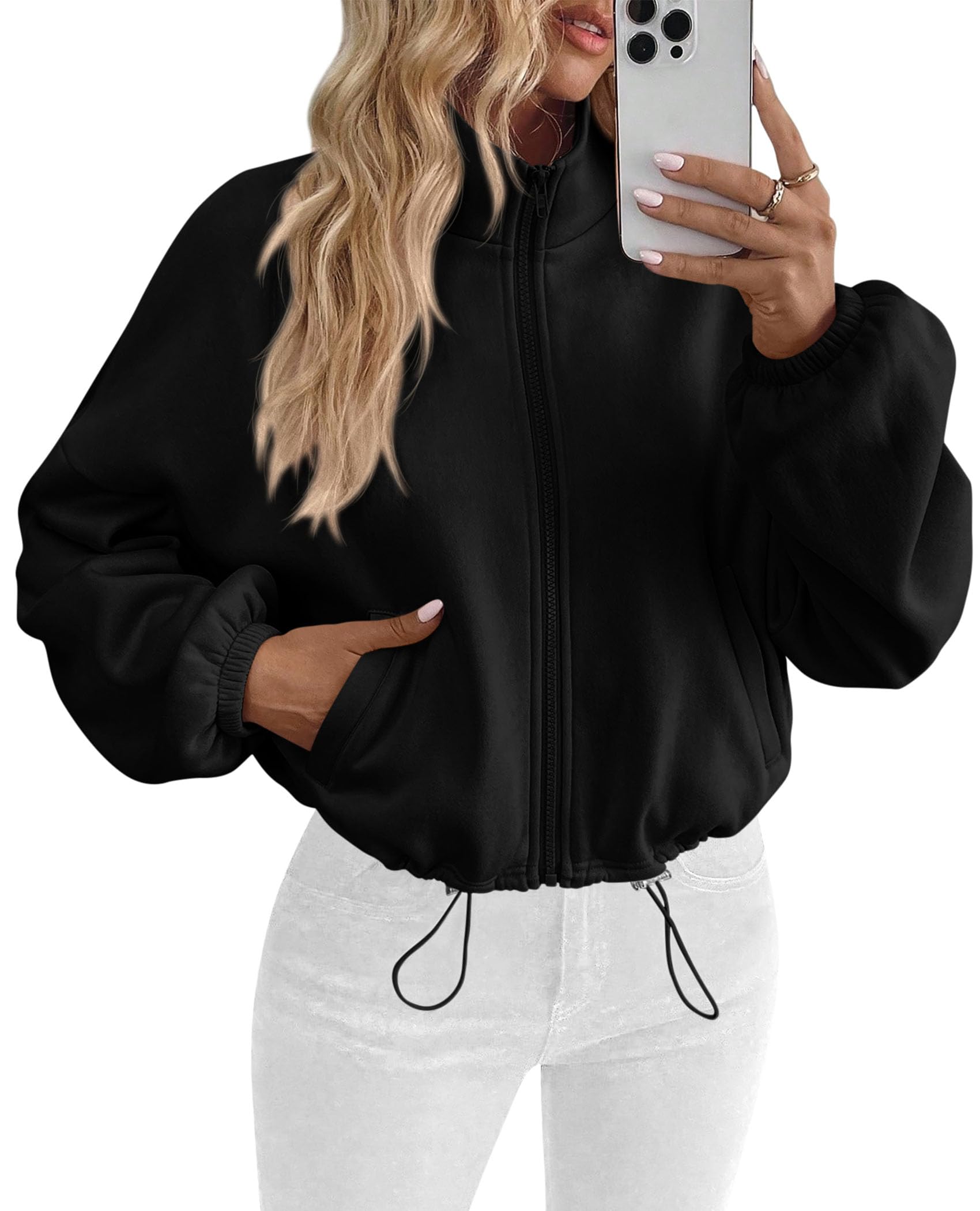 Women's Cropped Jacket Zip Up Fleece Sweatshirt Fall Outfits
