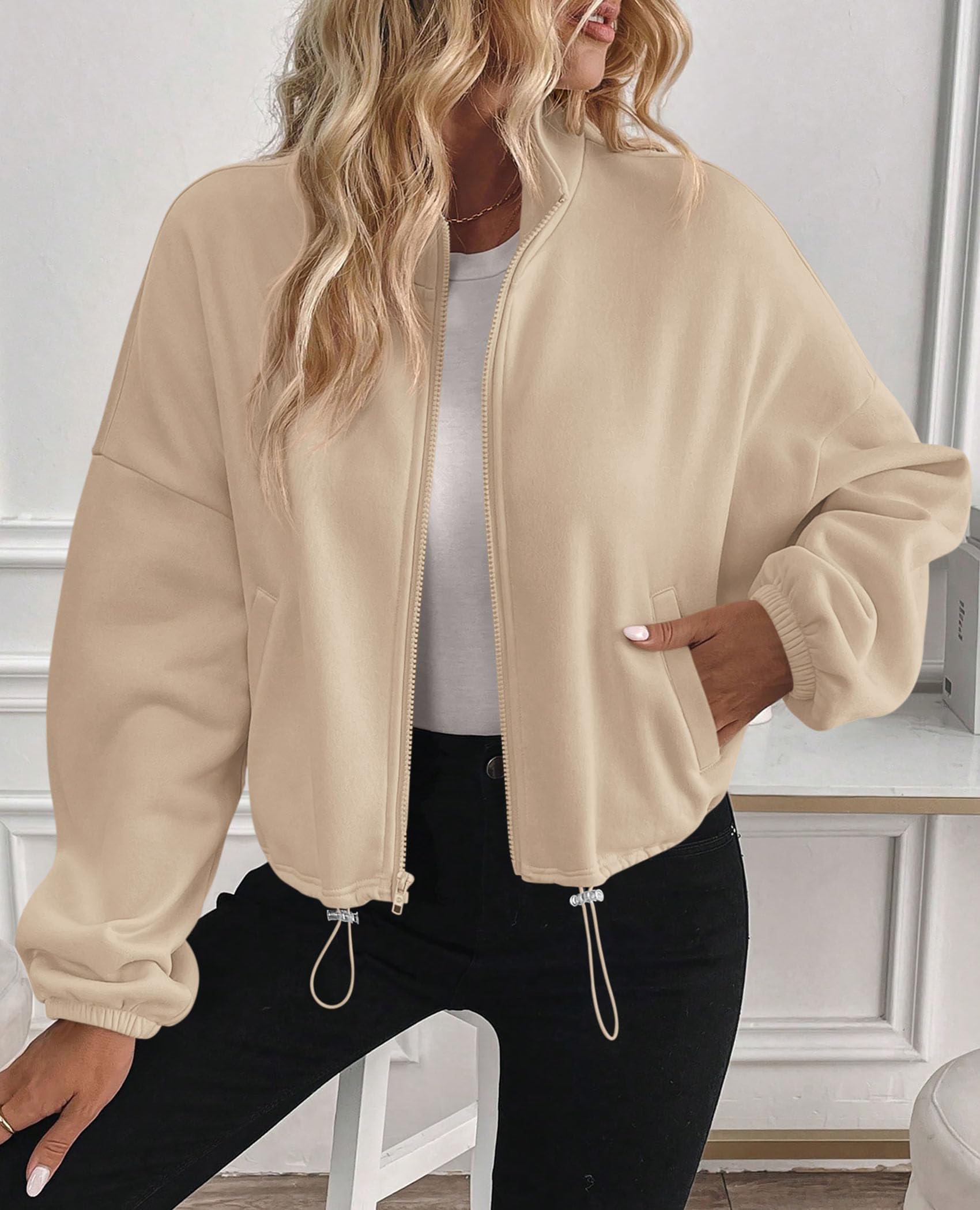 Women's Cropped Jacket Zip Up Fleece Sweatshirt Fall Outfits