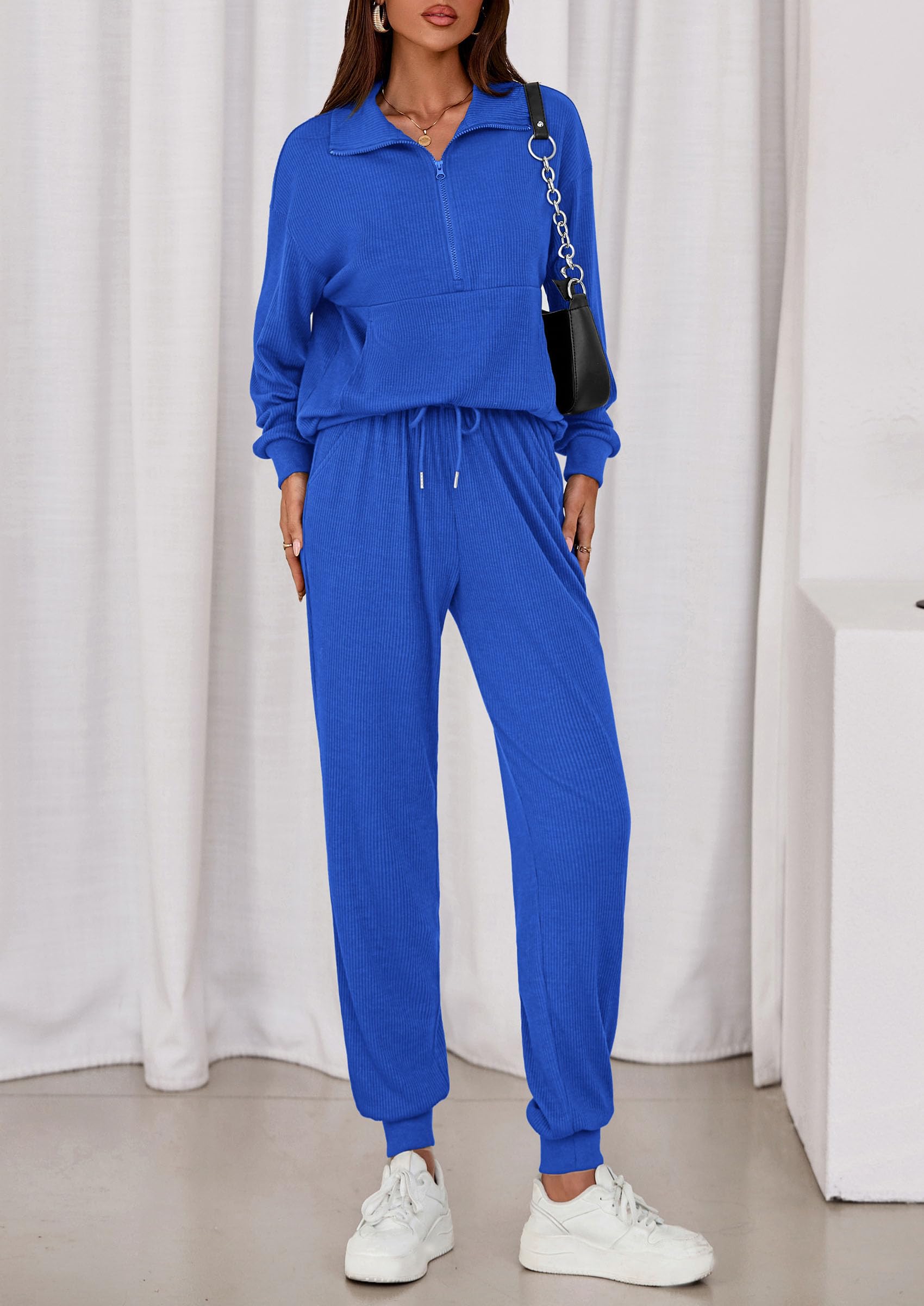 Airport Travel Outfit Women Ribbed Knit Matching Lounge Sets