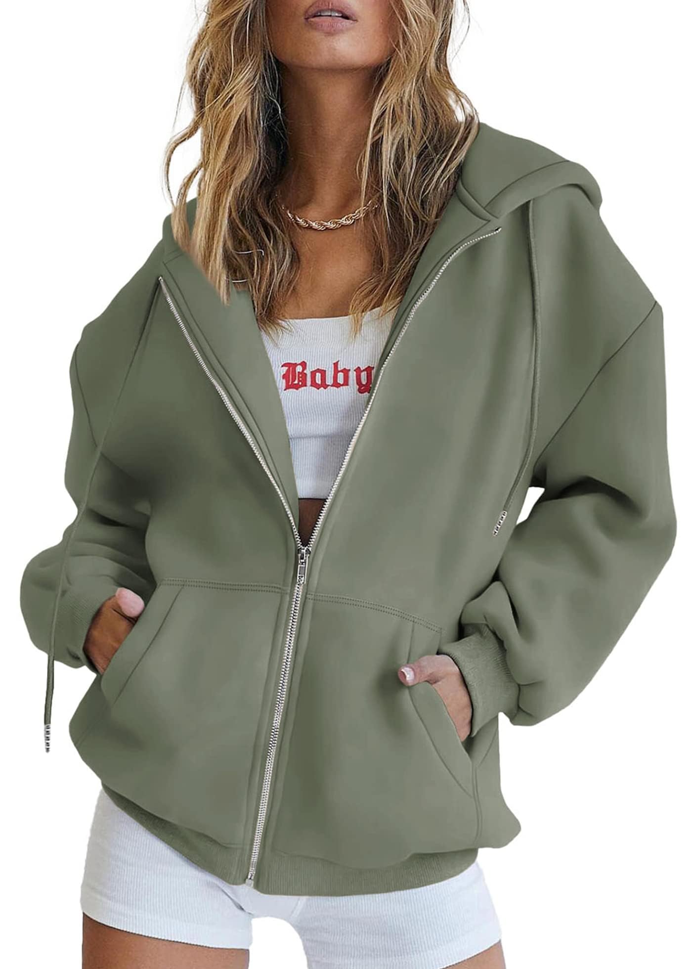 Women's Fall Zip Up Hoodies Sweatshirts Grey Green