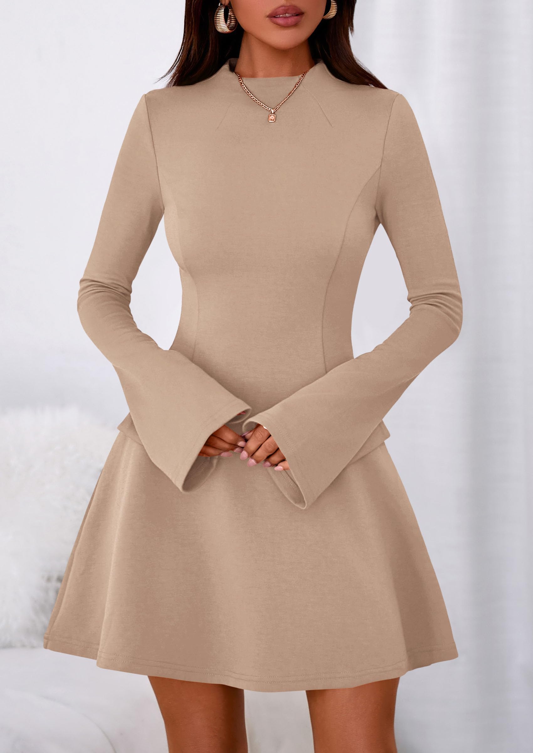 Women's Fall Bell Sleeve Short Dress,Khaki,XS
