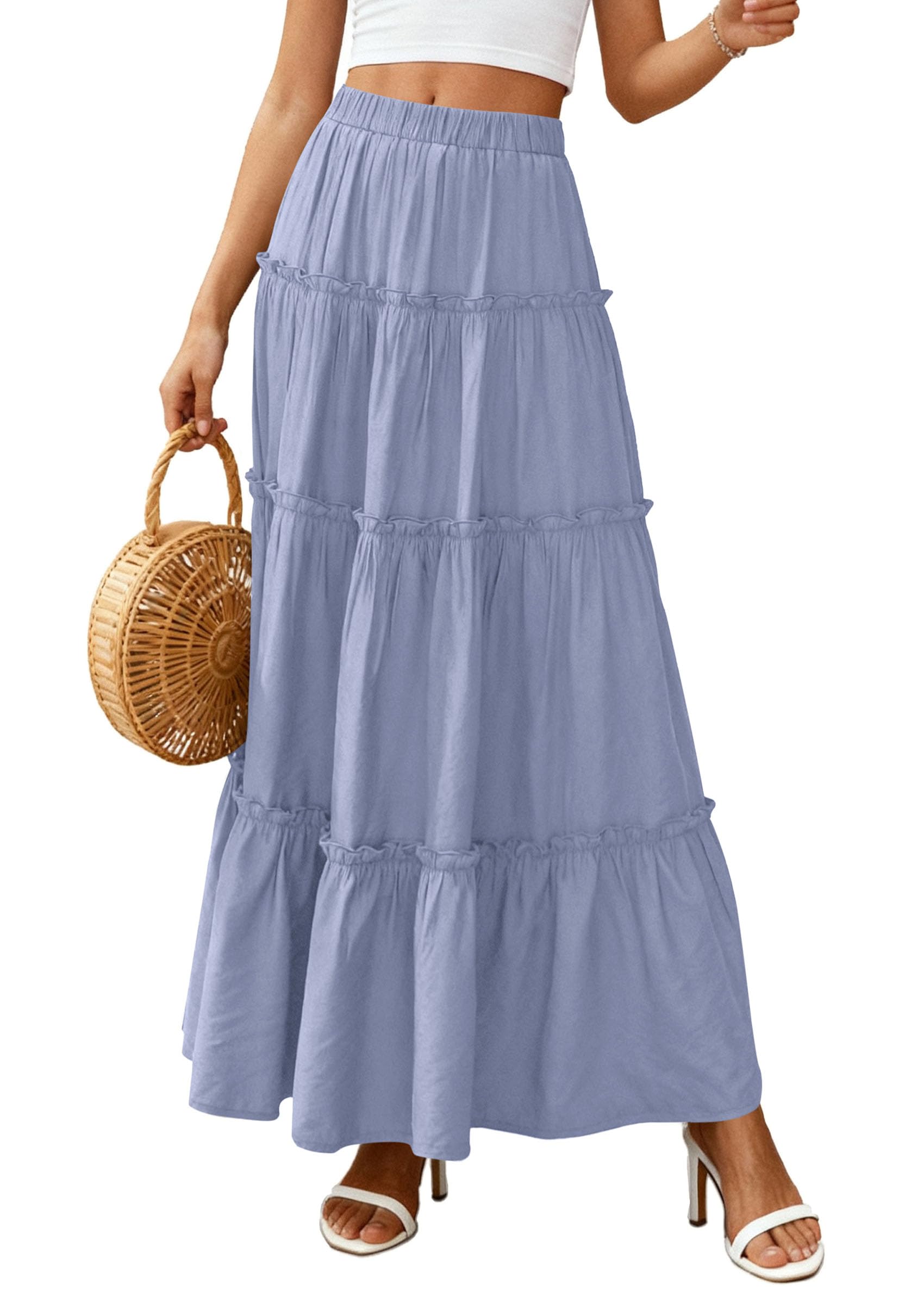 Women's Boho Tiered Ruffle Flowy Maxi Skirt, Blue,S