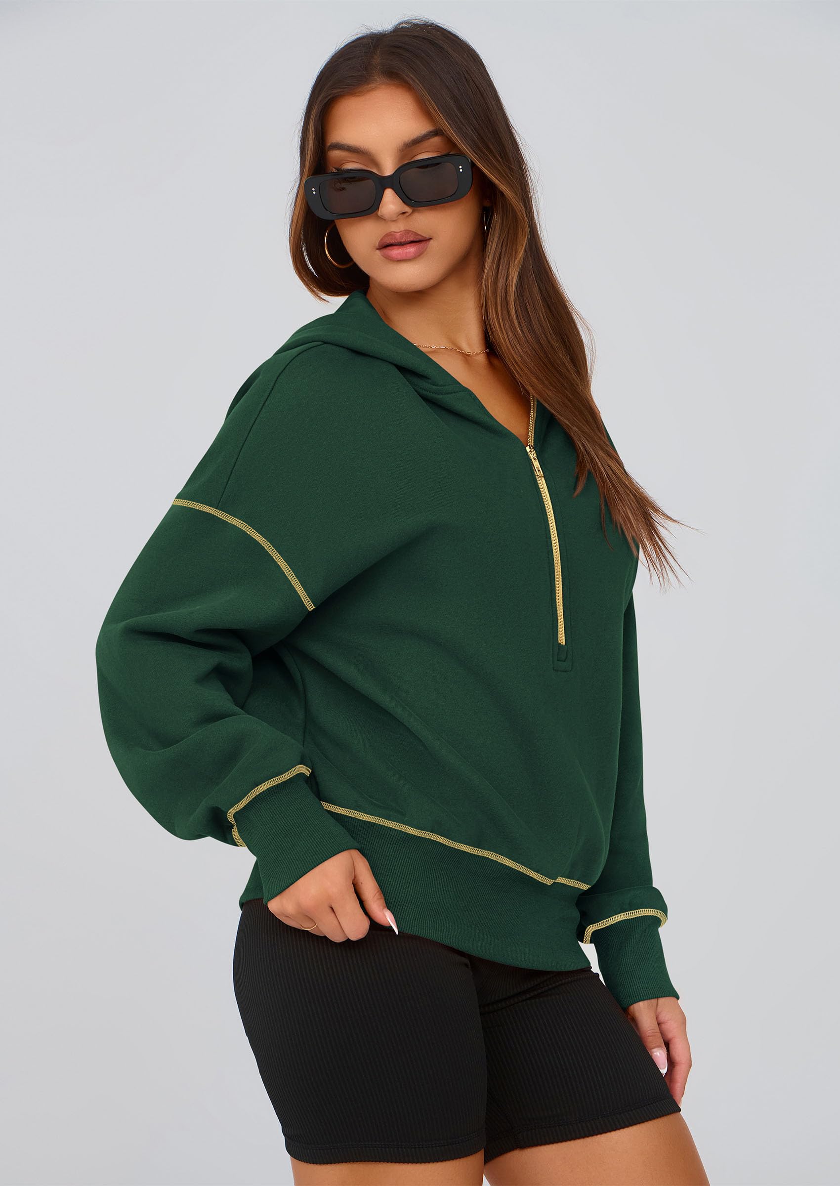 Women's Fall Half Zip Cropped Hoodie Sweatshirt Dark Green