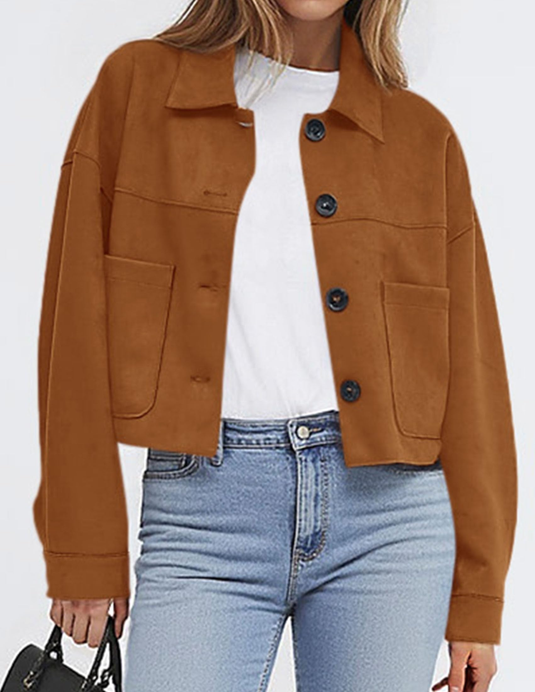 Women's Faux Suede Shacket Jackets Lightweight Cropped Coats