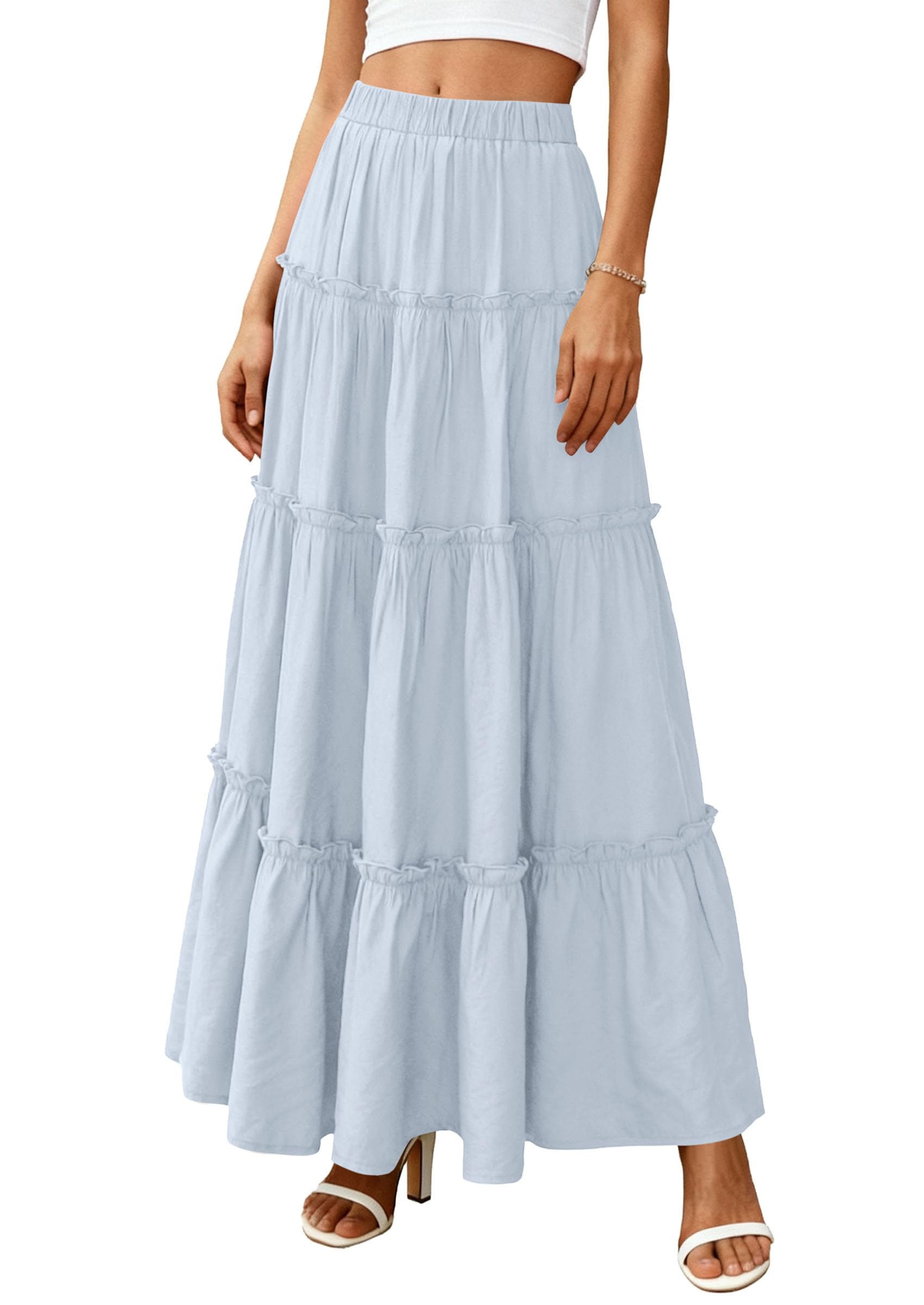 Women's Boho Tiered Ruffle Flowy Maxi Skirt, Light Blue,S