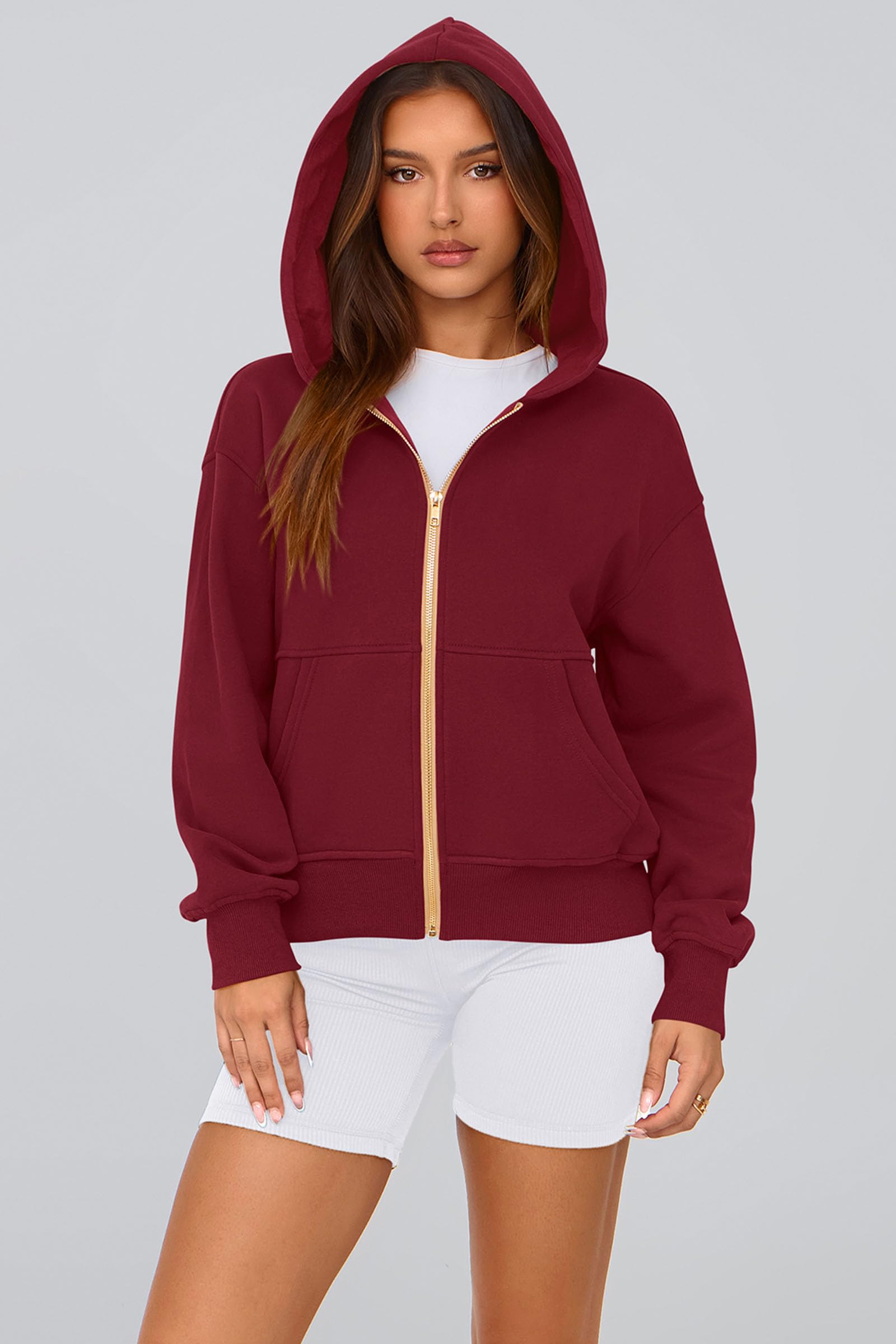 Hoodies for Women Fall Fashion Zip Up Fleece Plain Sweatshirt