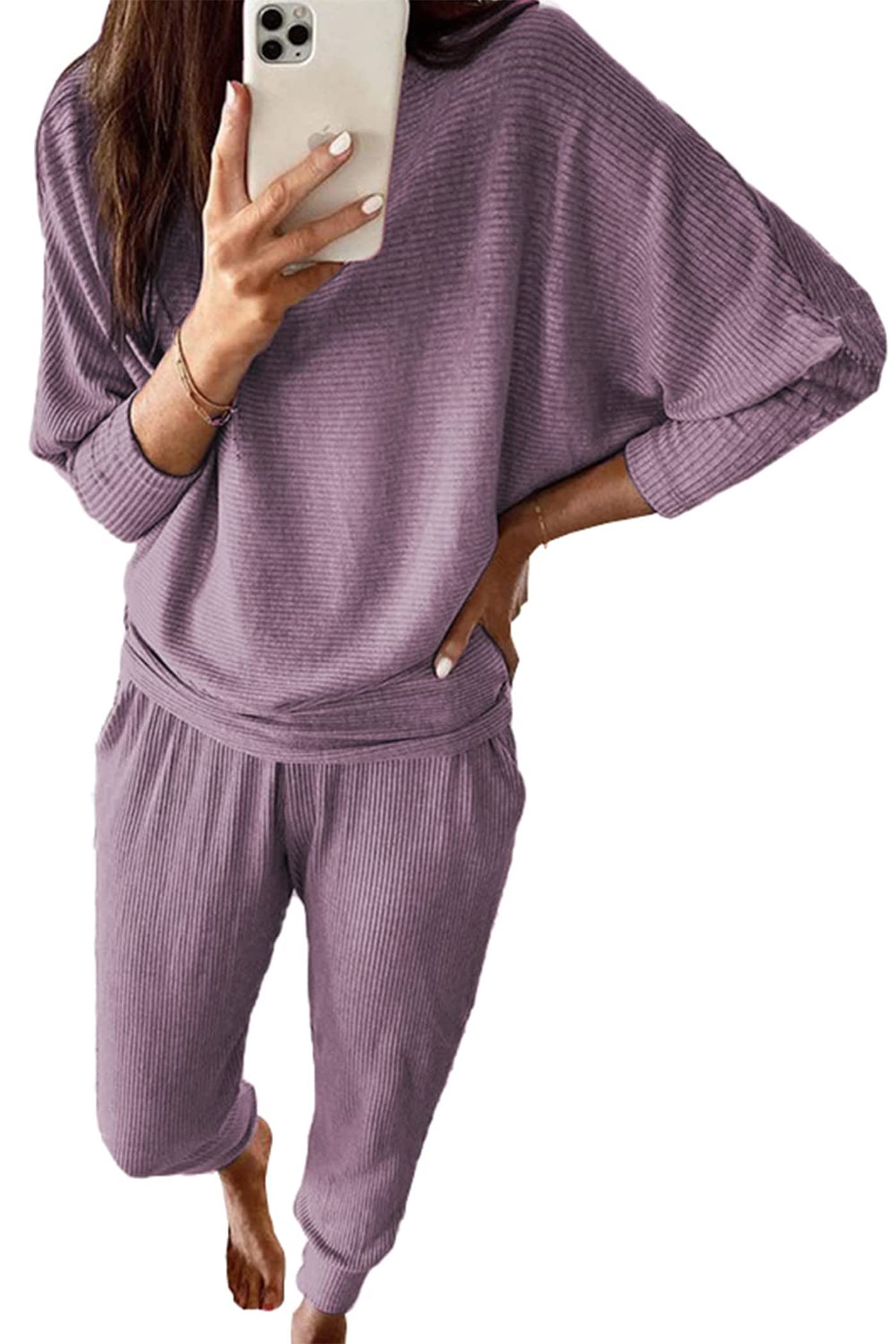 Women's 2 Piece Fall Outfits Matching Ribbed Knit Lounge Sets